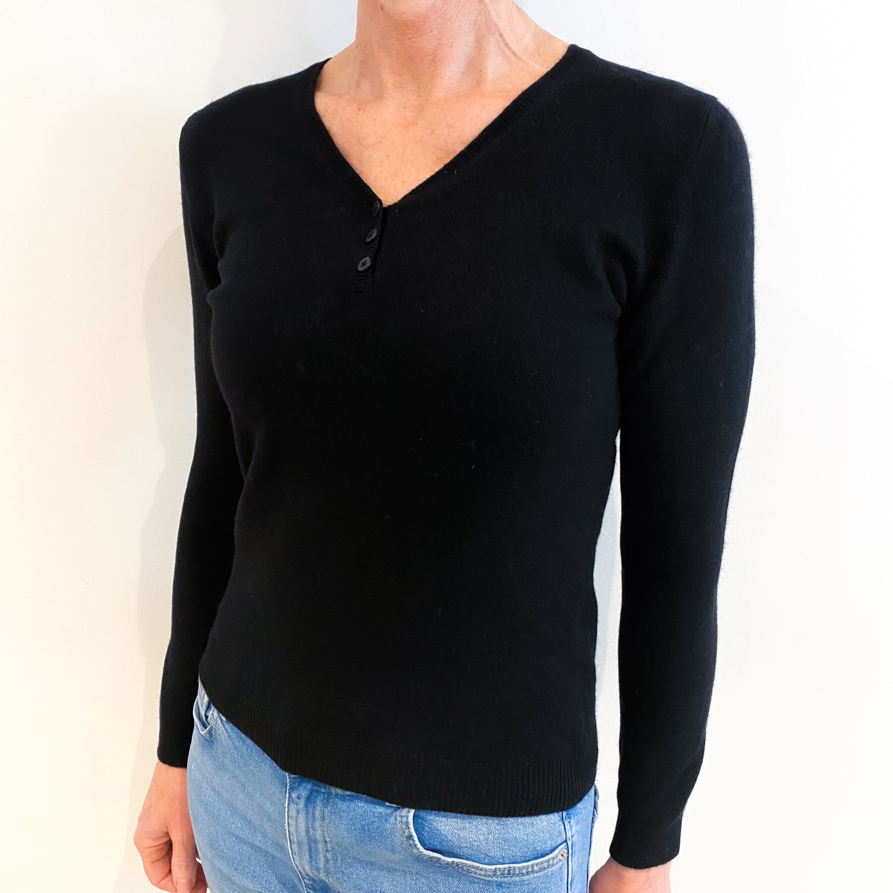 Black Cashmere Buttoned V Neck Jumper Small