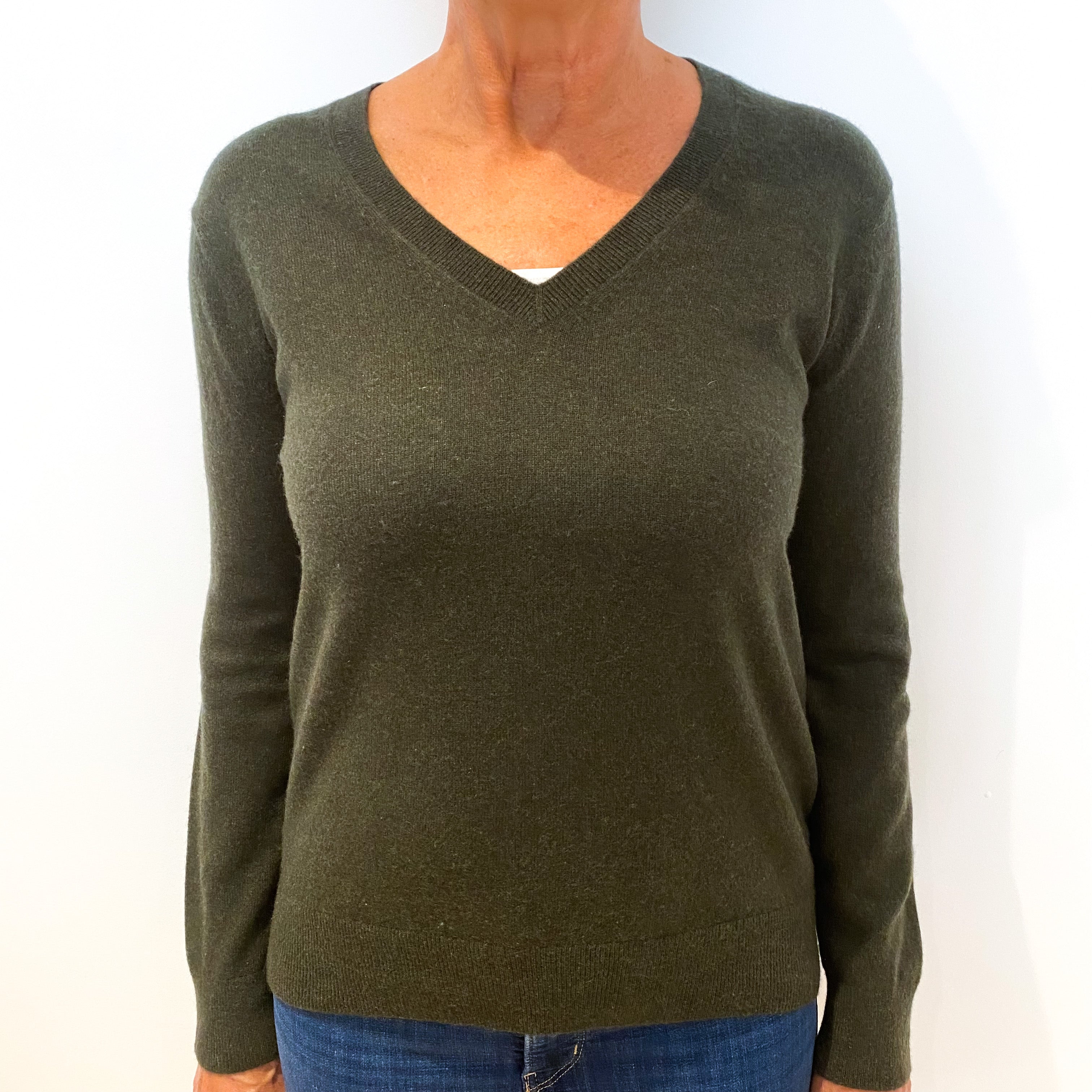 Vince Moss Green Slouchy Cashmere V-Neck Jumper Medium