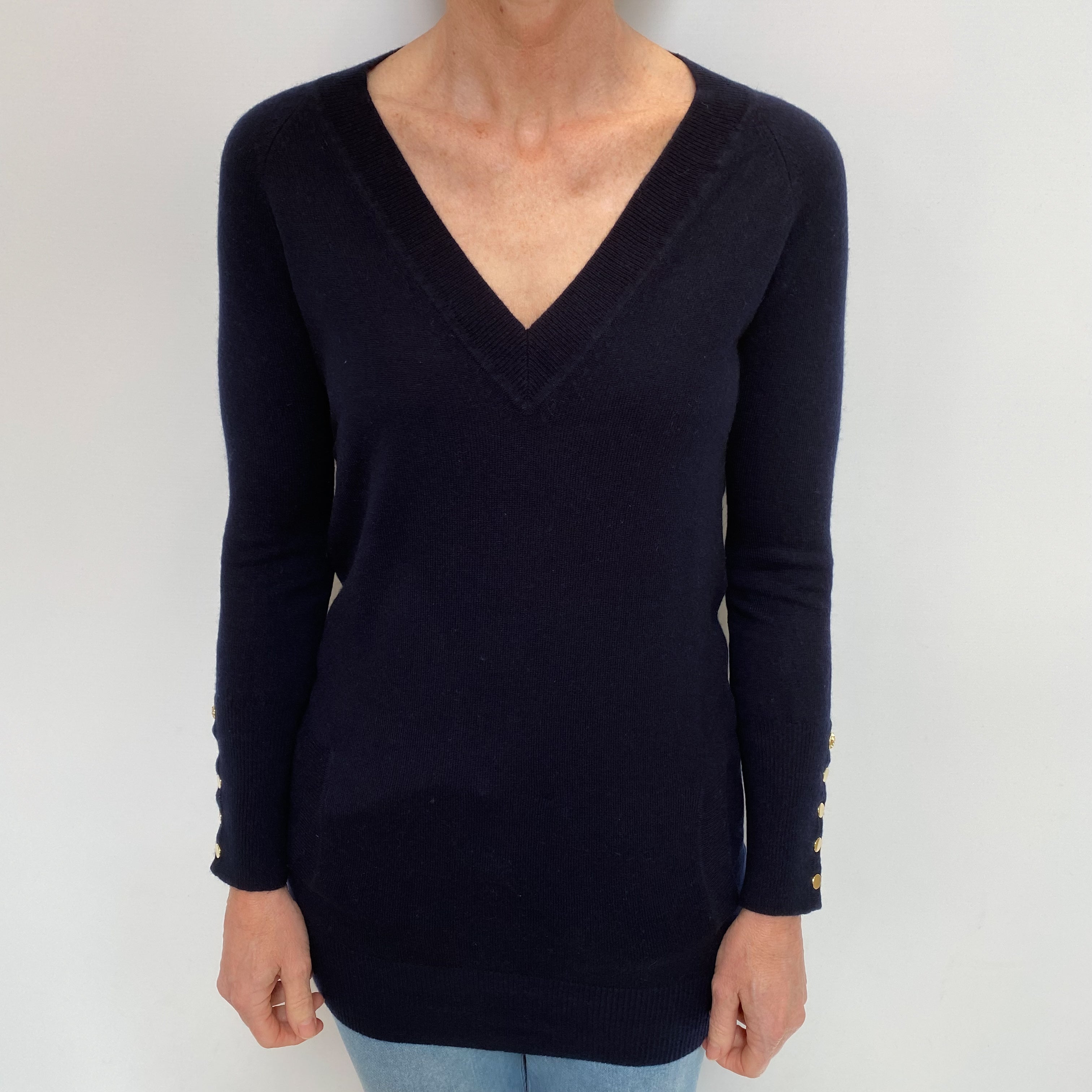 Navy Cashmere V Neck Jumper Small