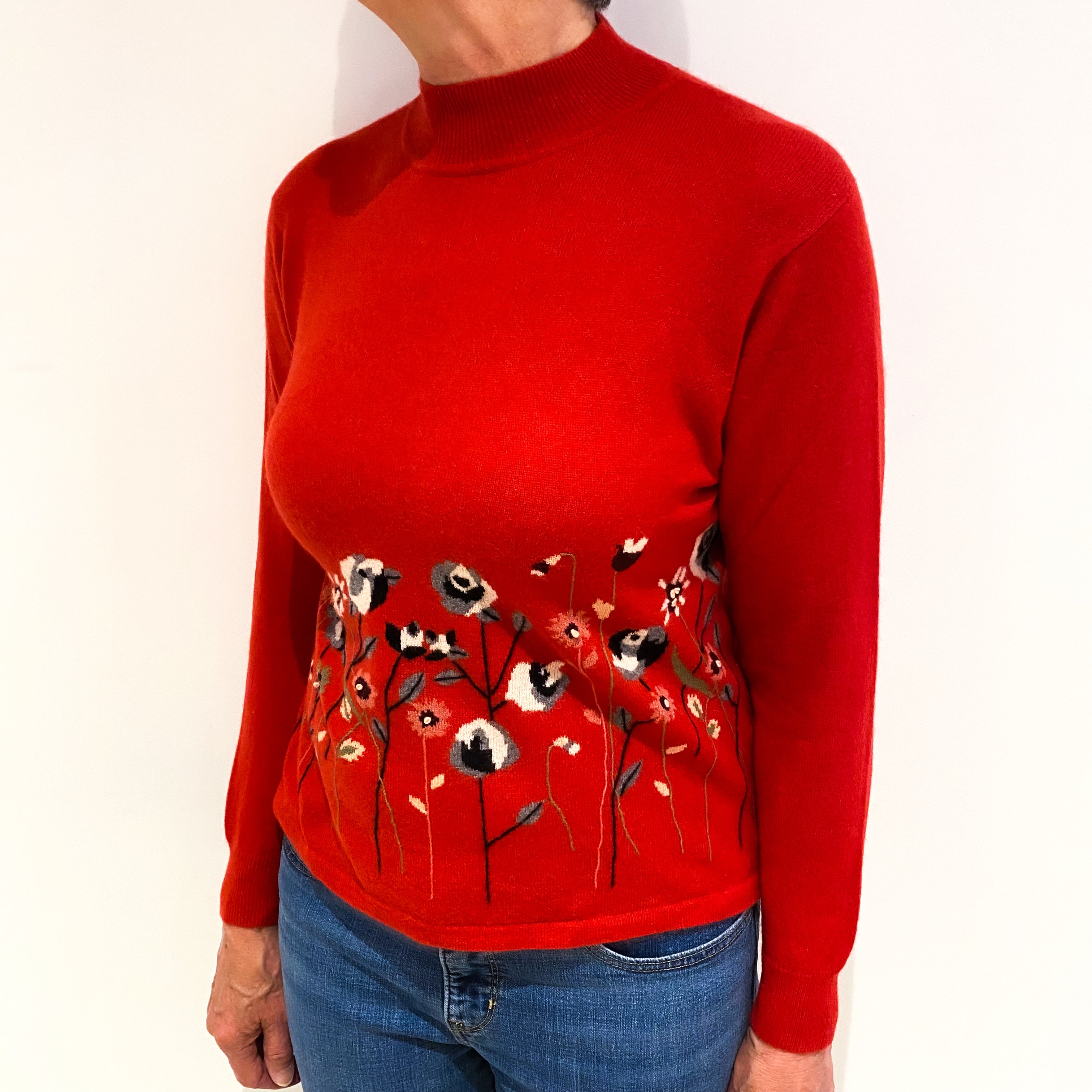 Berry Red Floral Cashmere Turtle Neck Jumper Medium