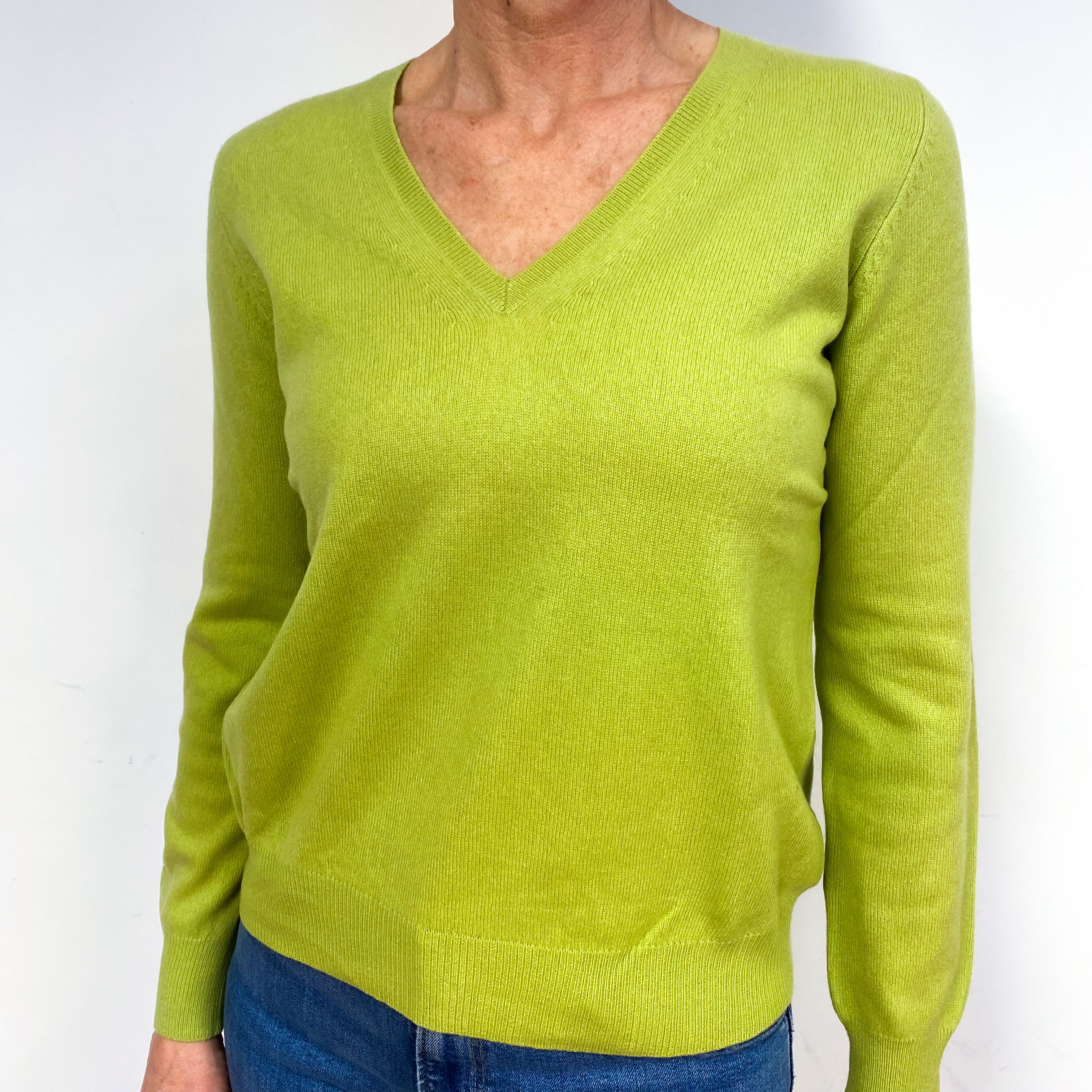 Pale Pear Green Cashmere V-Neck Jumper Medium