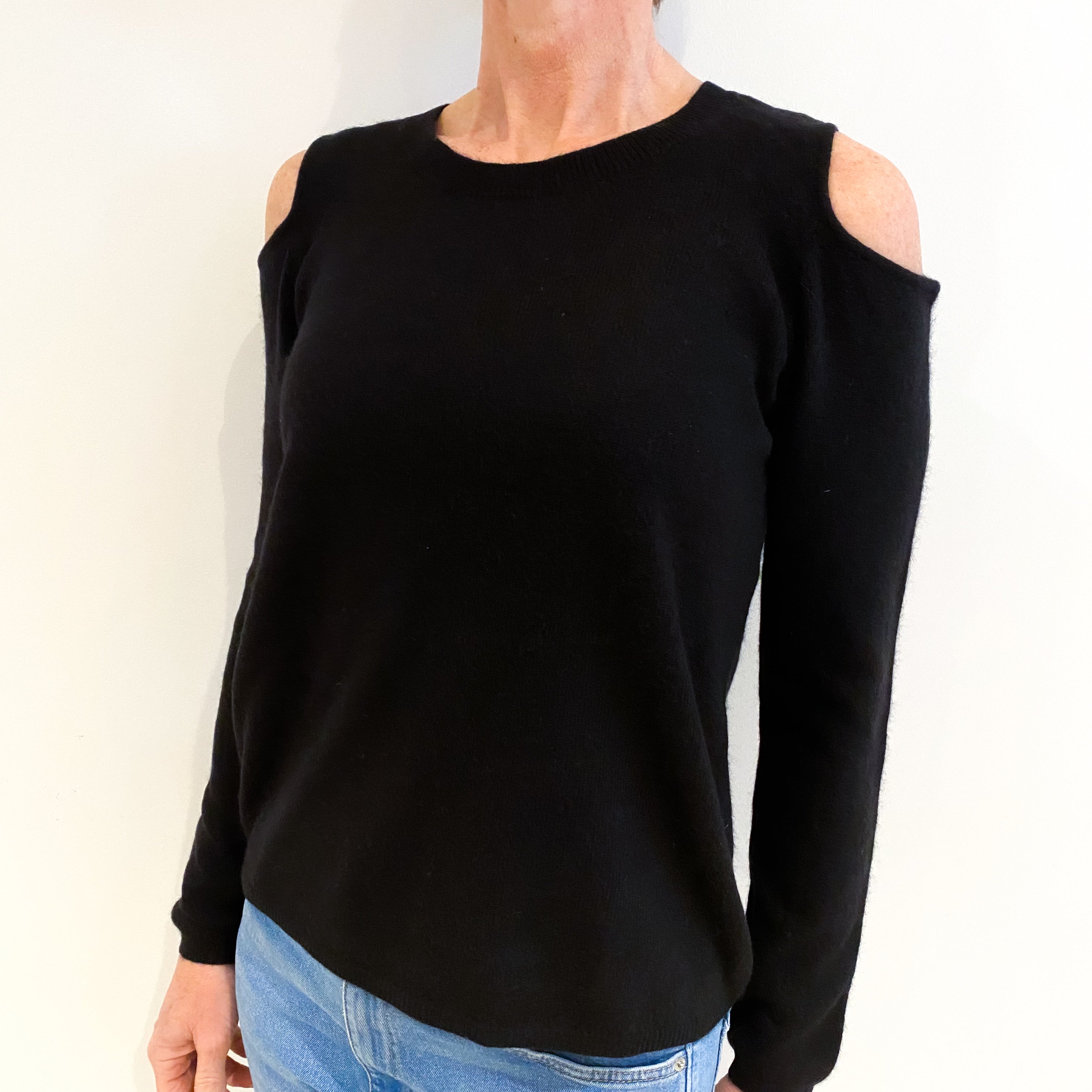 Black Open Shoulder Cashmere Crew Neck Jumper Small