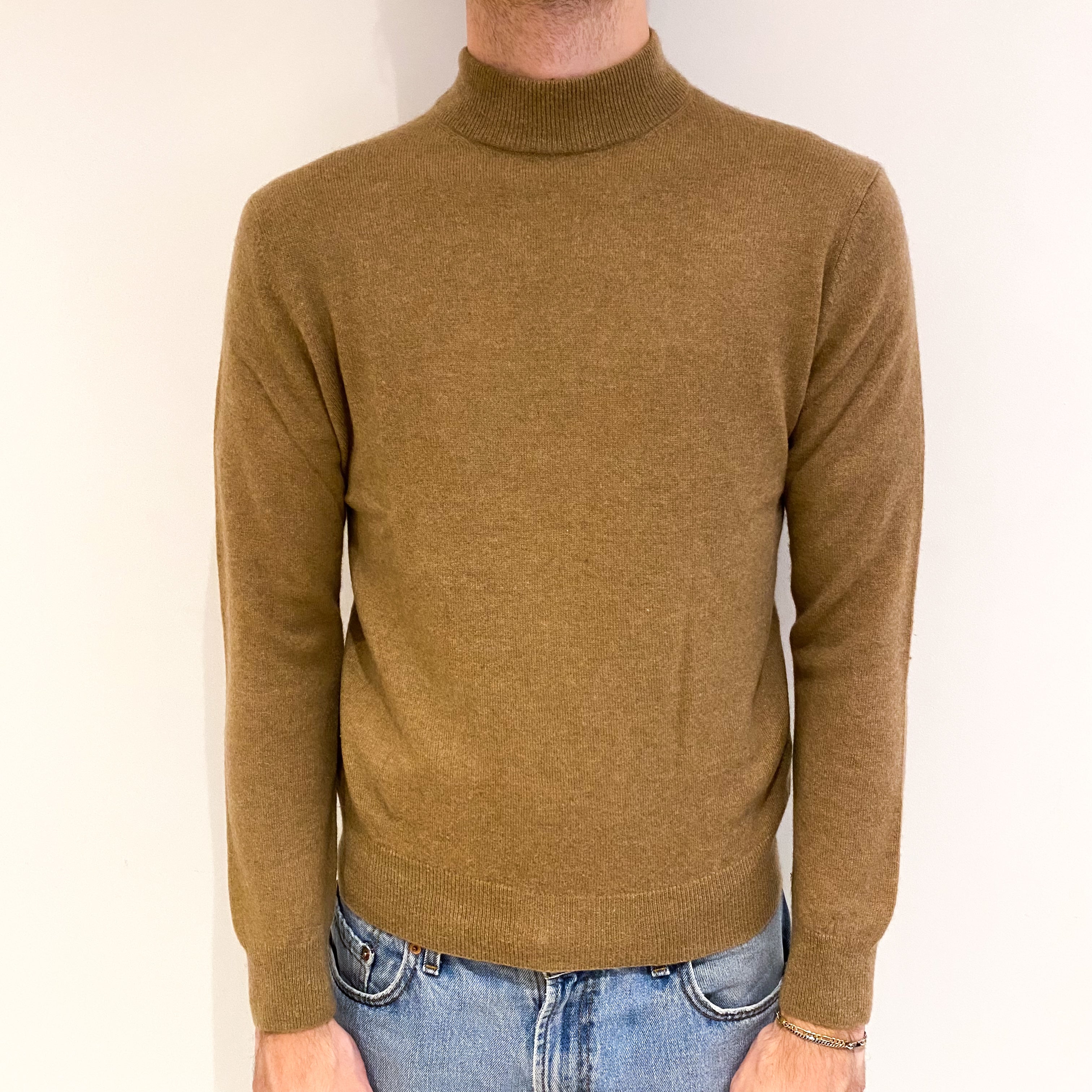 Men's Sand Beige Cashmere Turtle Neck Jumper Medium