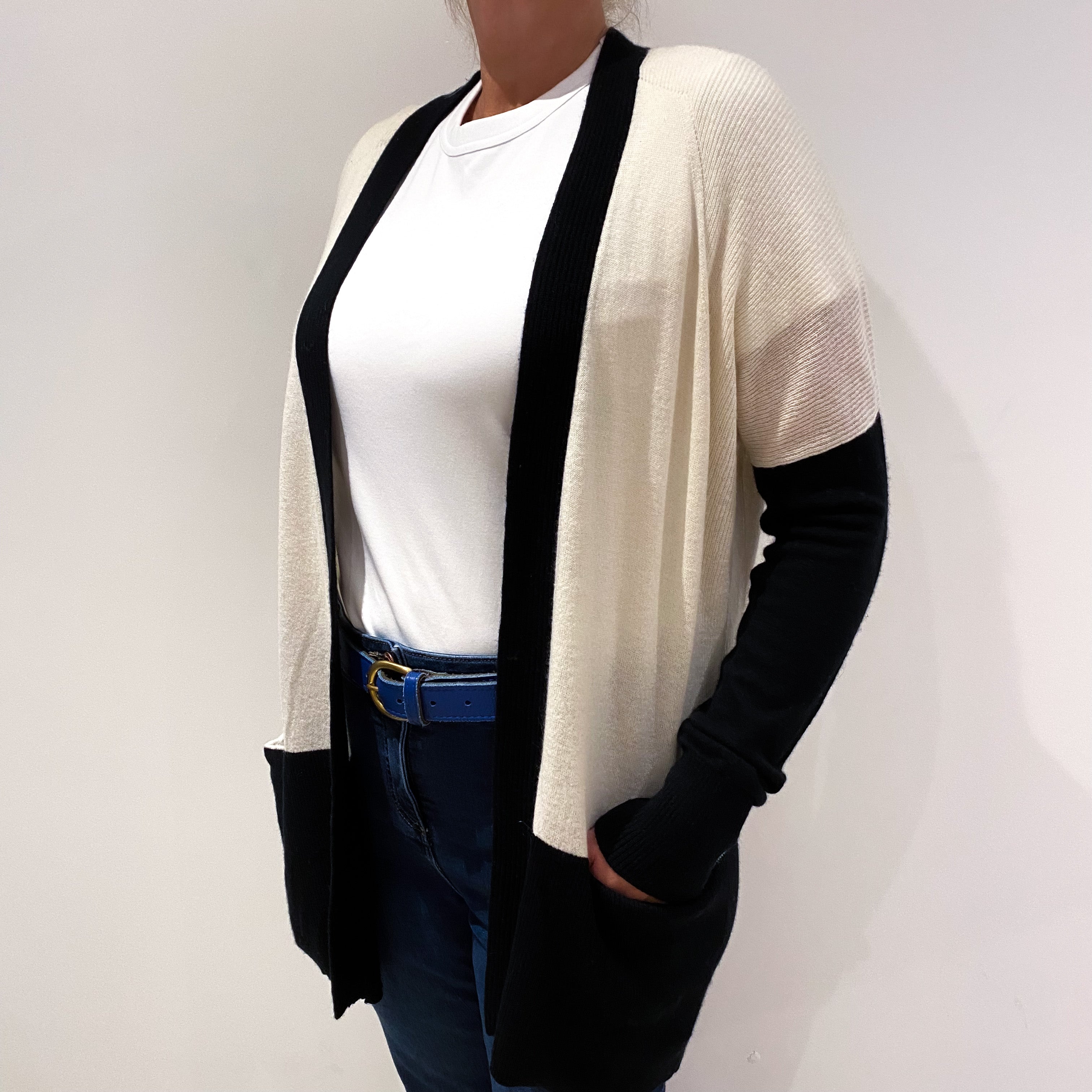 Vince Cream with Black Cashmere Edge To Edge Cardigan Large