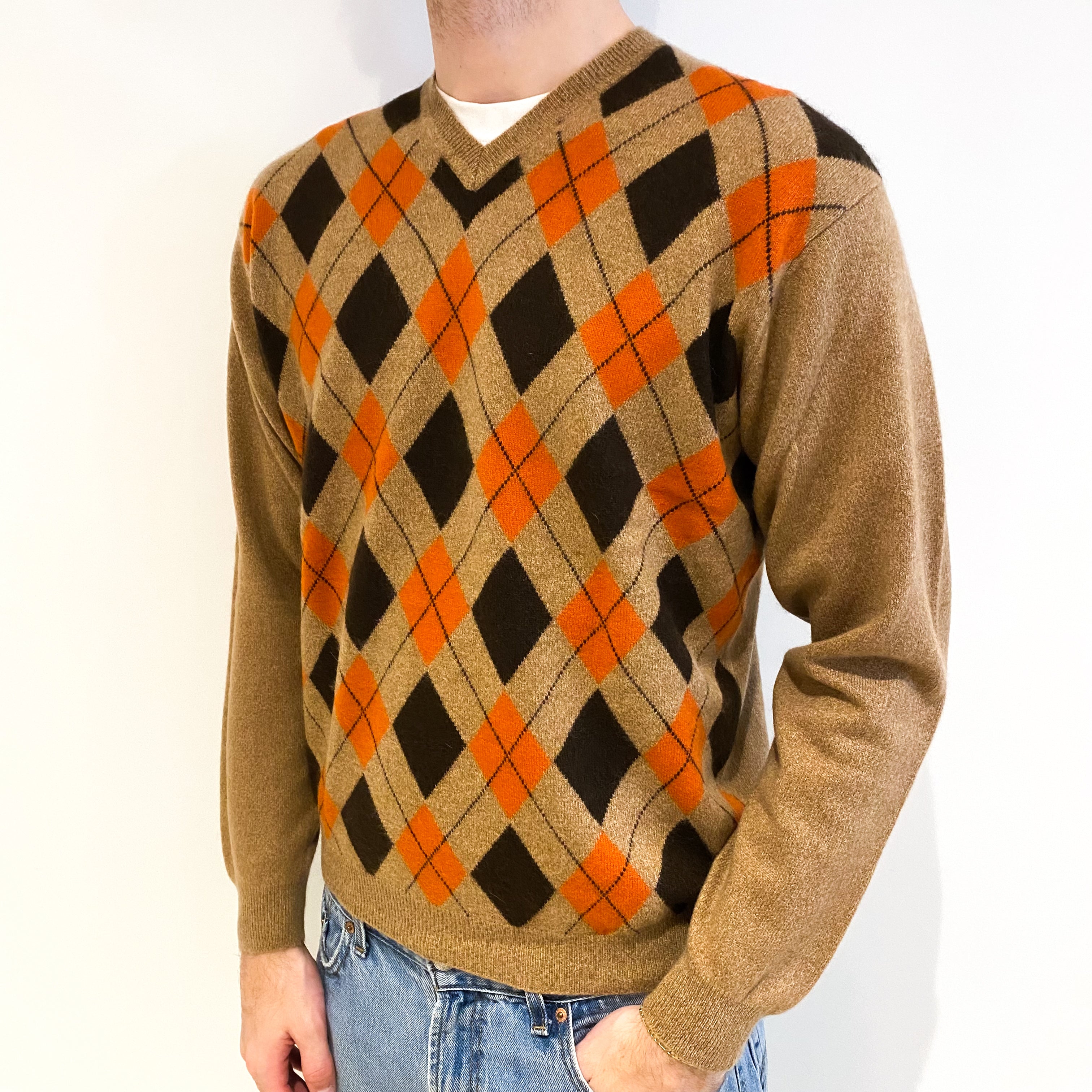 Men's Butterscotch Brown Argyle Cashmere V Neck Jumper Medium