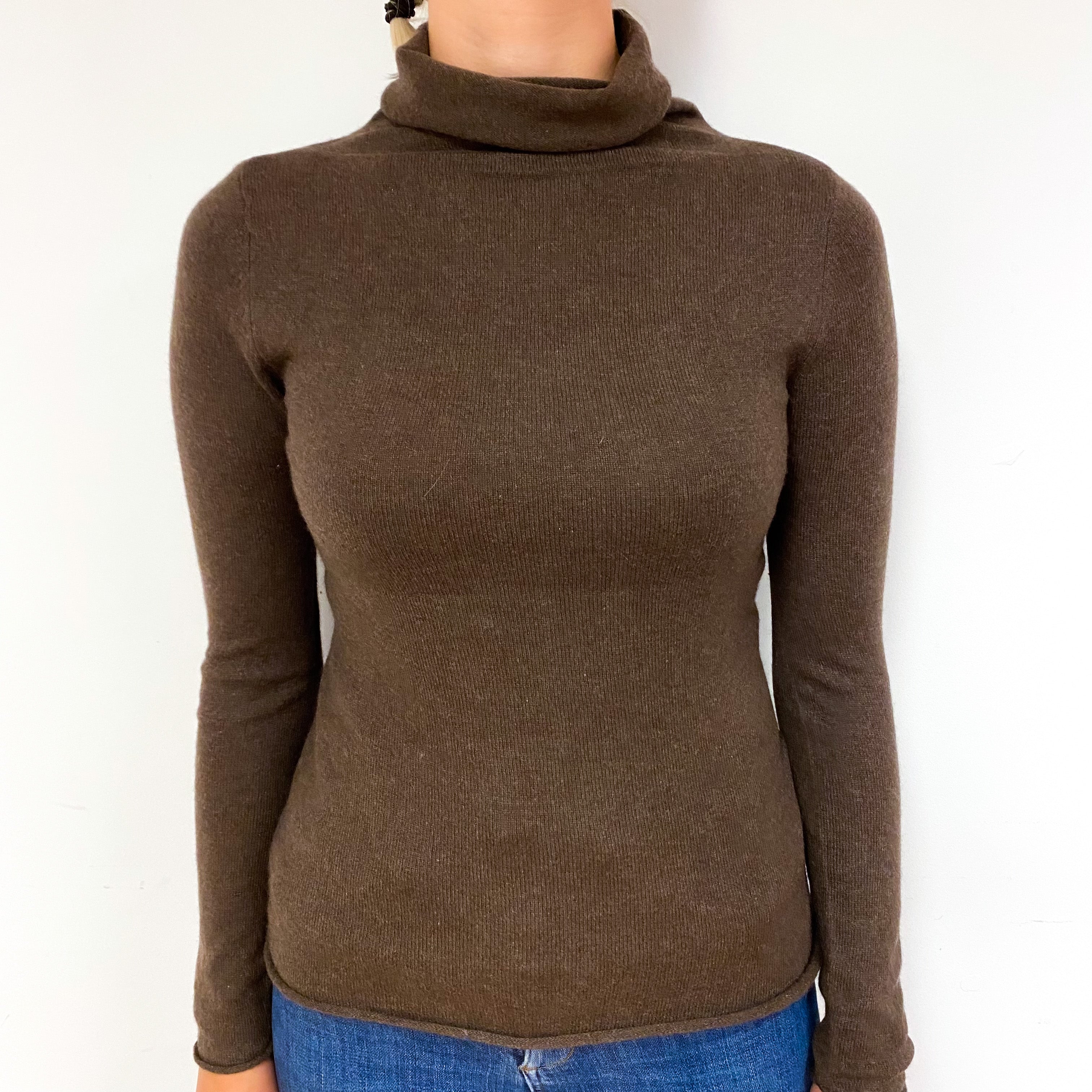 Umber Brown Cashmere Polo Neck Jumper Small