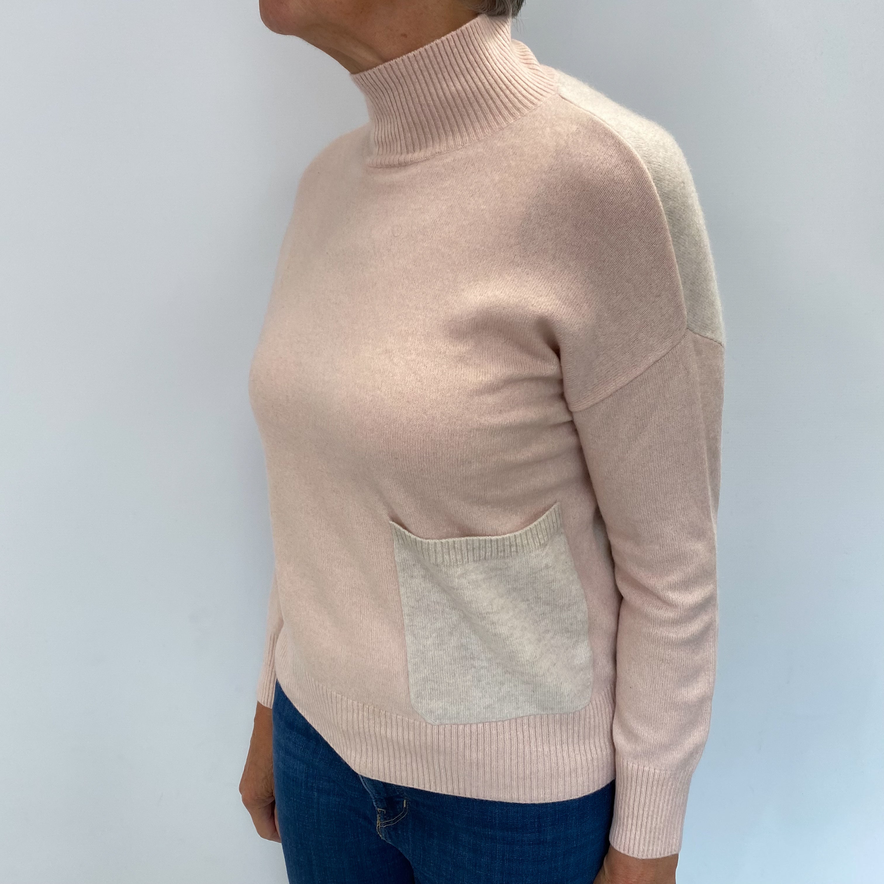 Shell Pink and Oatmeal Cashmere Turtle Neck Jumper Medium