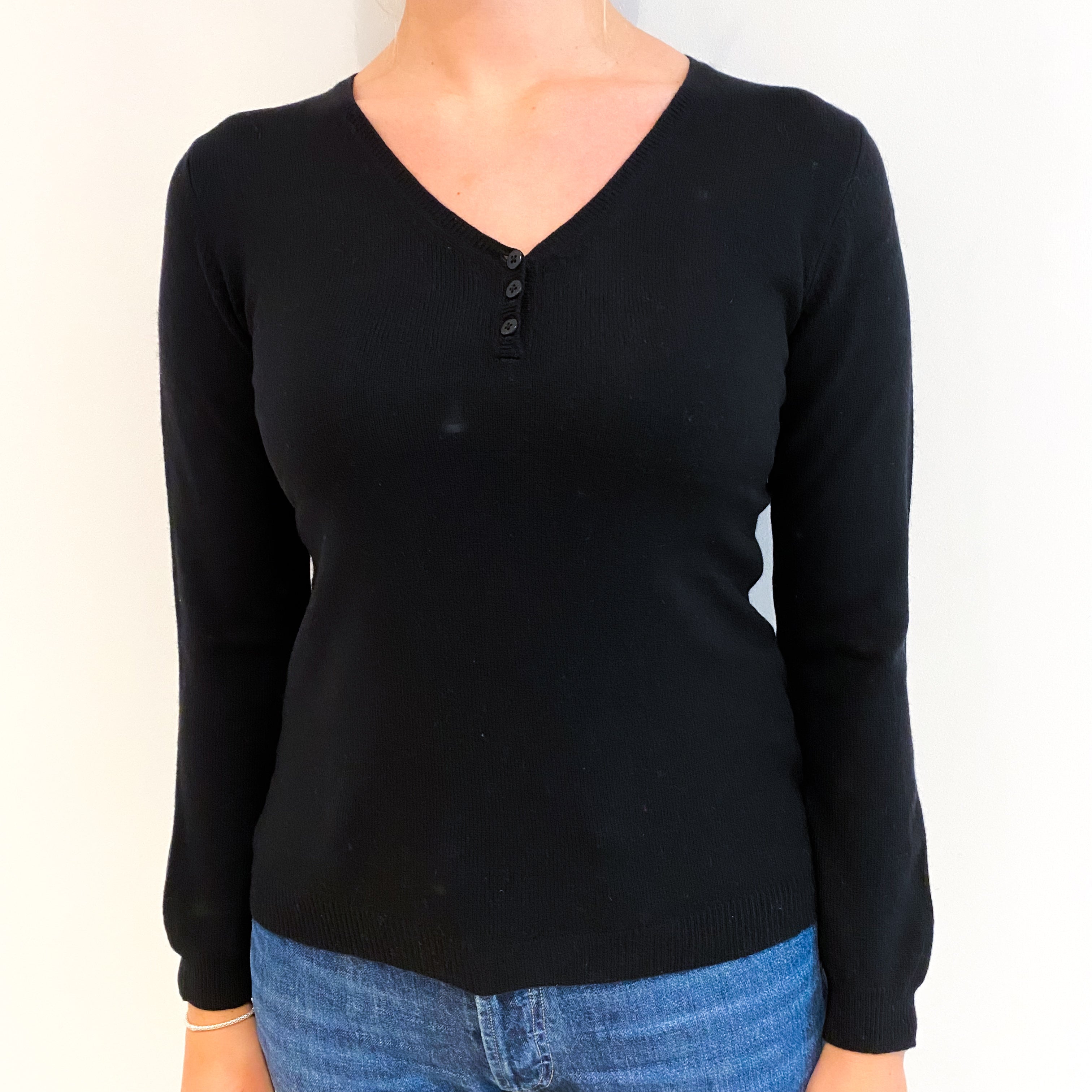 Black Cashmere Buttoned V Neck Jumper Small