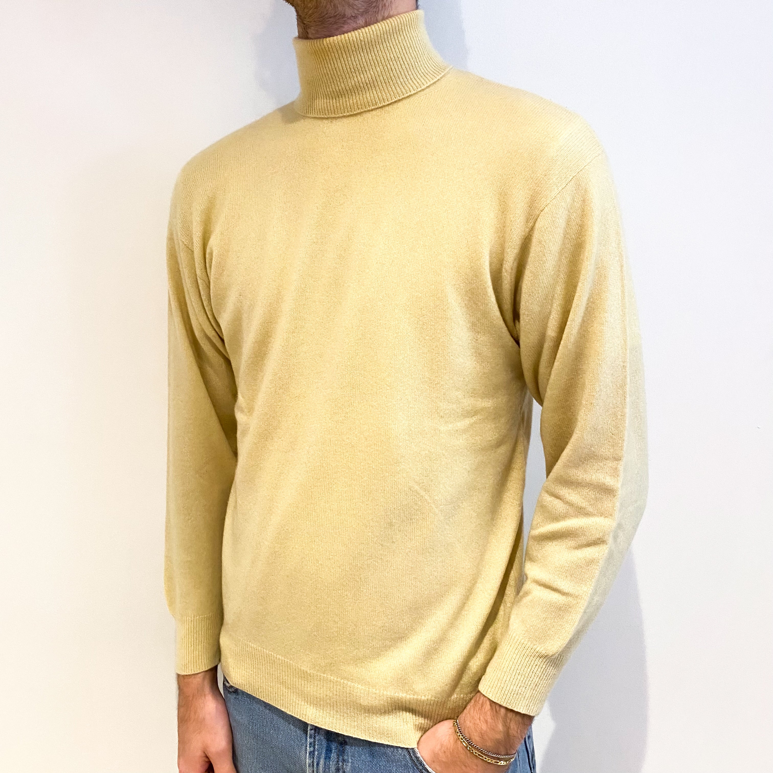 Men's Buttermilk Yellow Cashmere Polo Neck Jumper Large