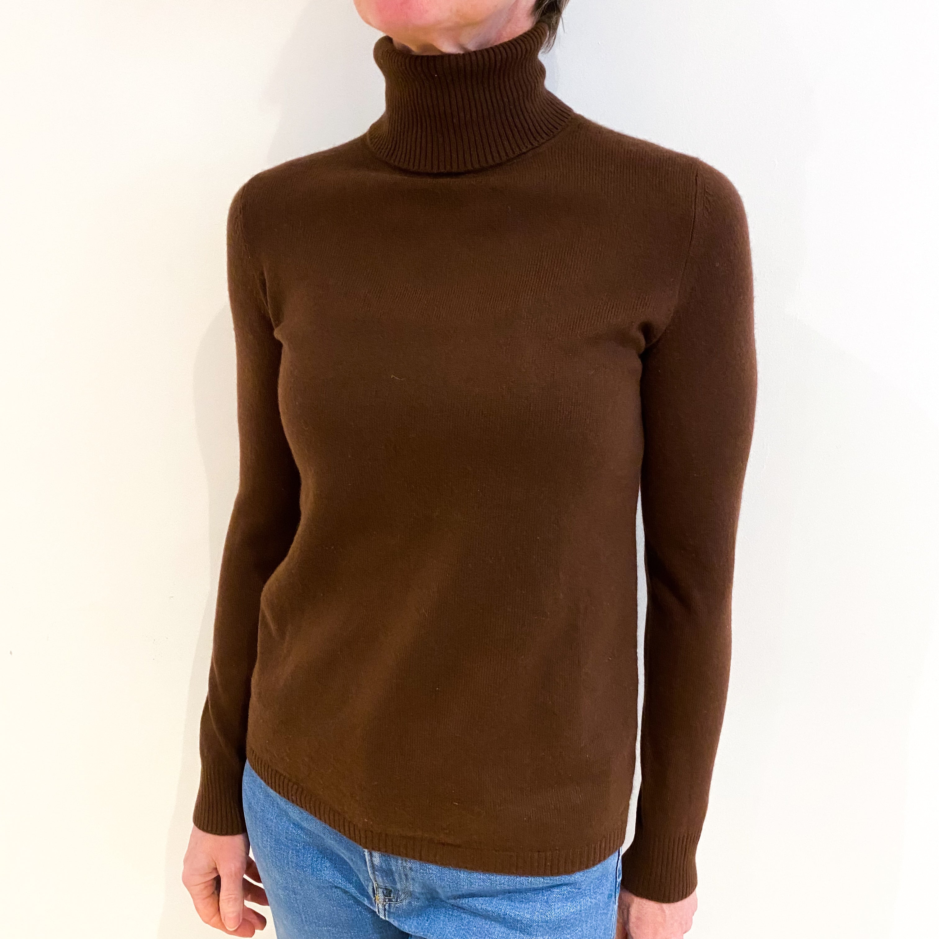 Umber Brown Cashmere Polo Neck Jumper Small