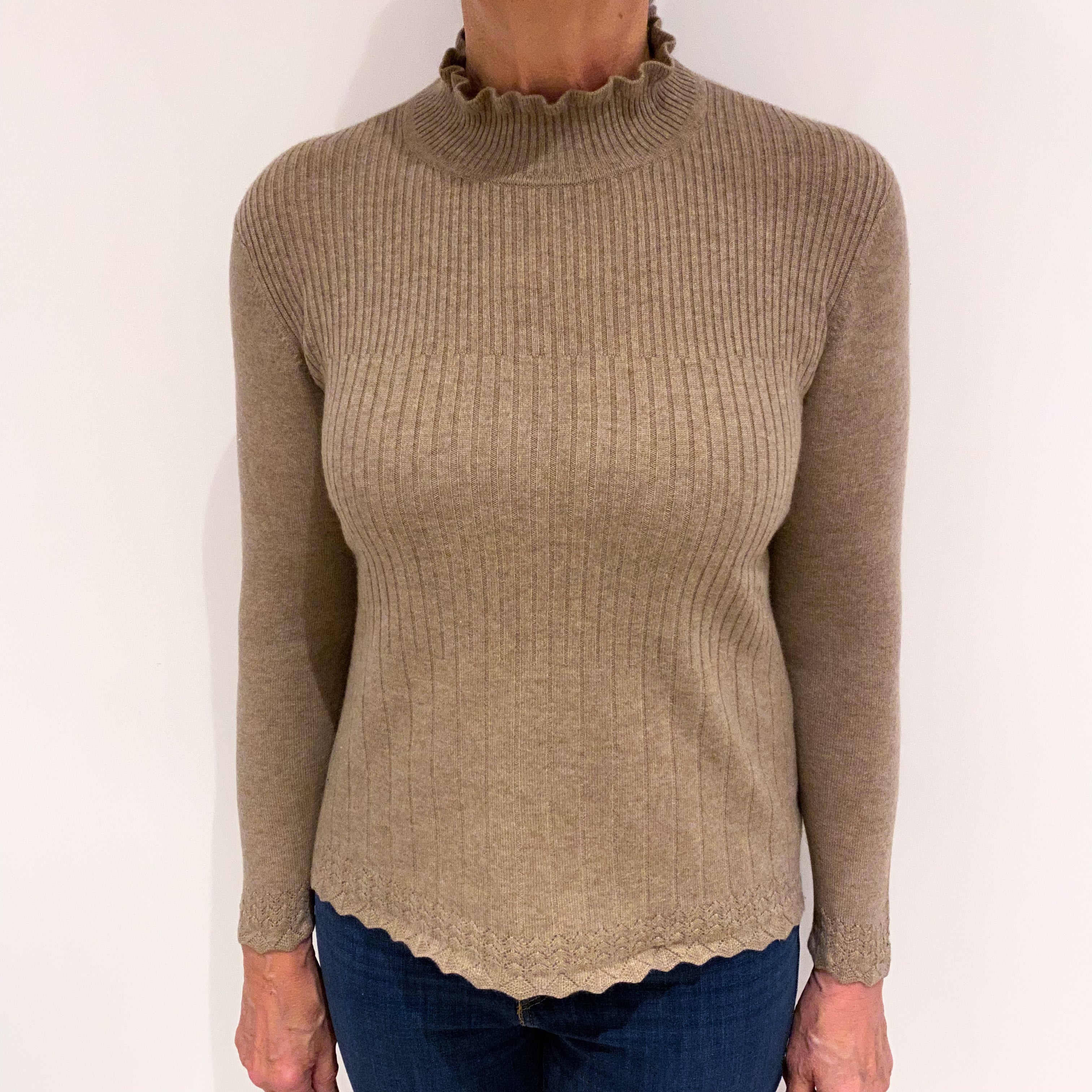 Biscuit Brown Cashmere Ruffle Turtle Neck Jumper Medium