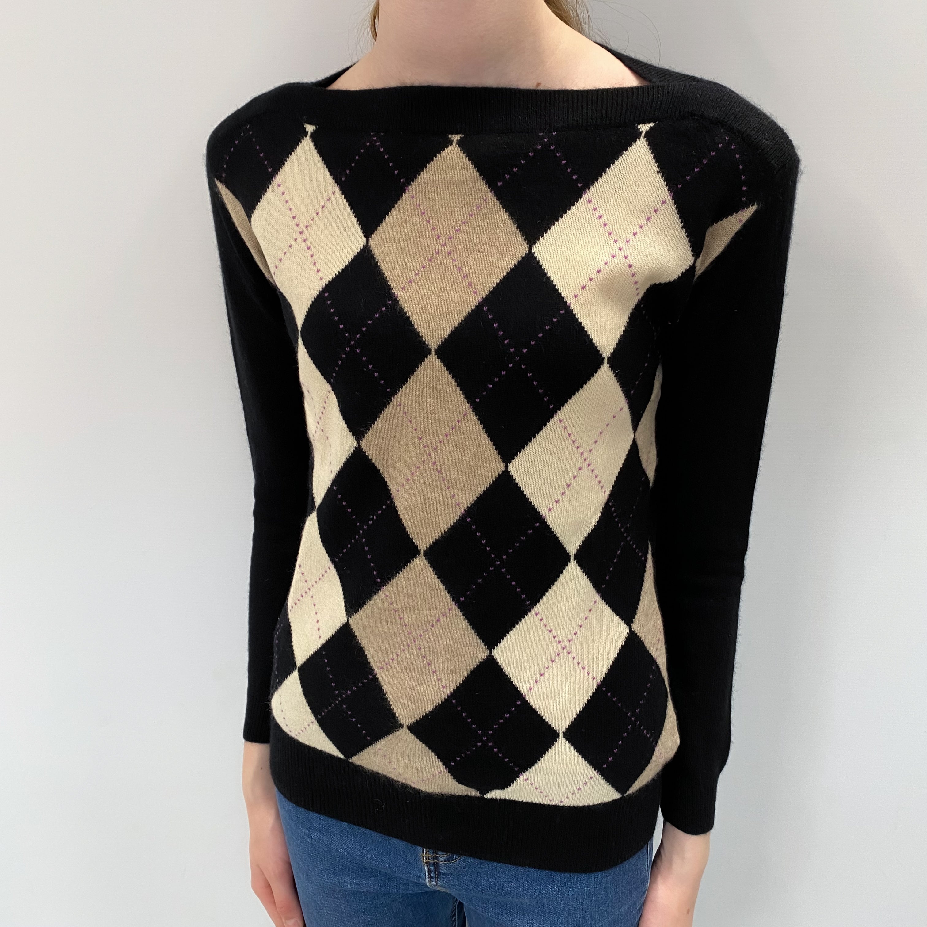 Black Argyle Cashmere Crew Neck Jumper Extra Small