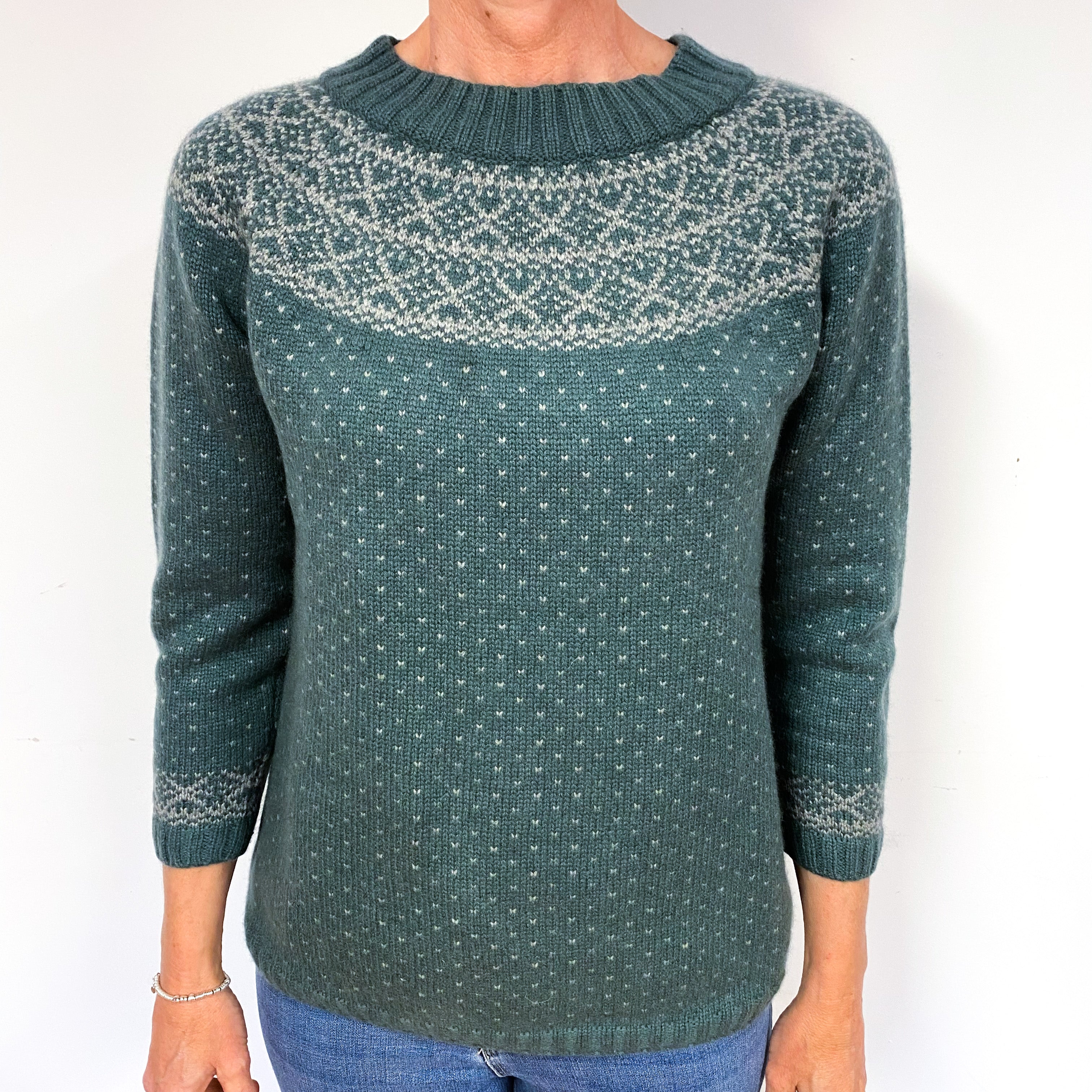 Spruce Green Chunky Fair Isle Cashmere Crew Neck Jumper Medium