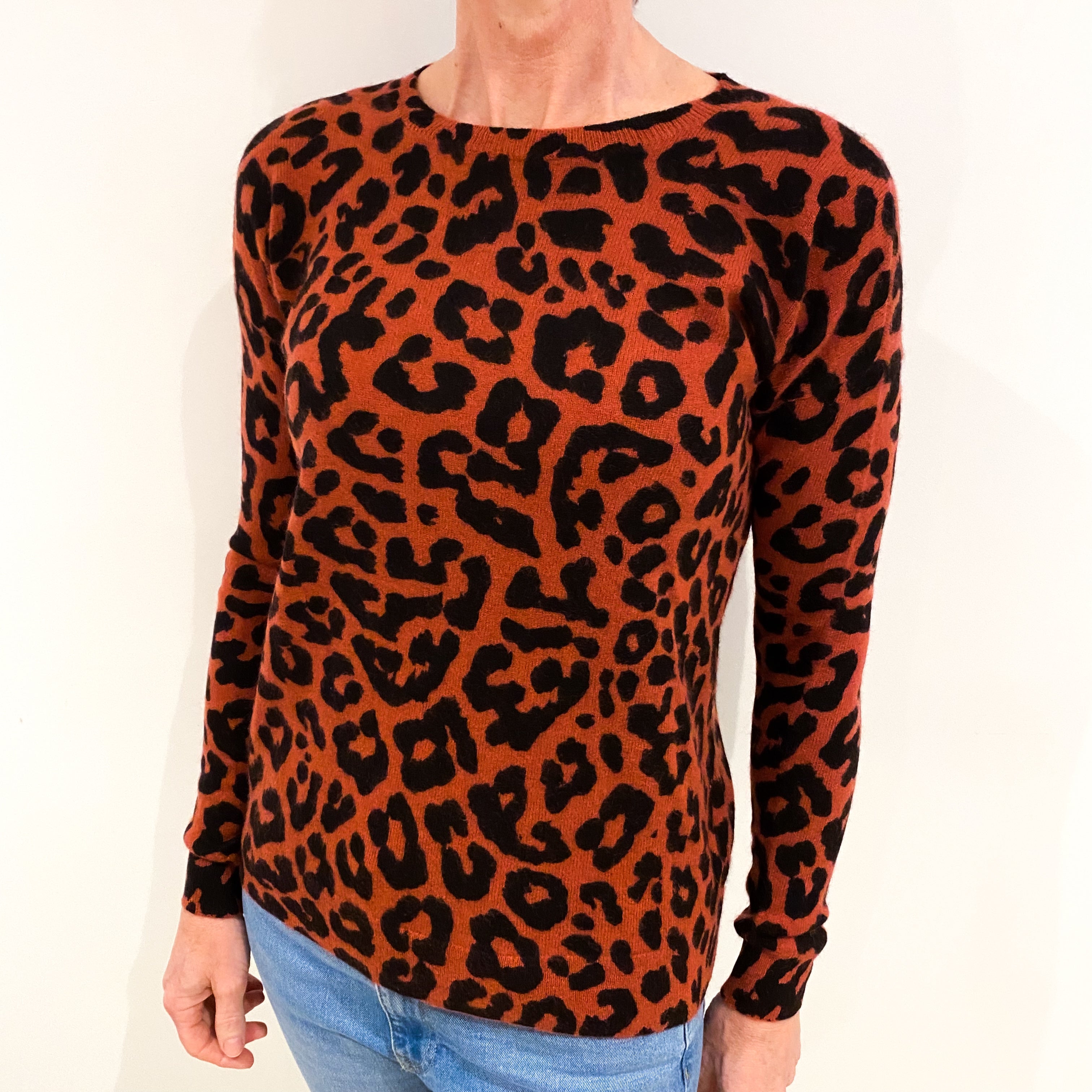 Red Animal Print Cashmere Crew Neck Jumper Small