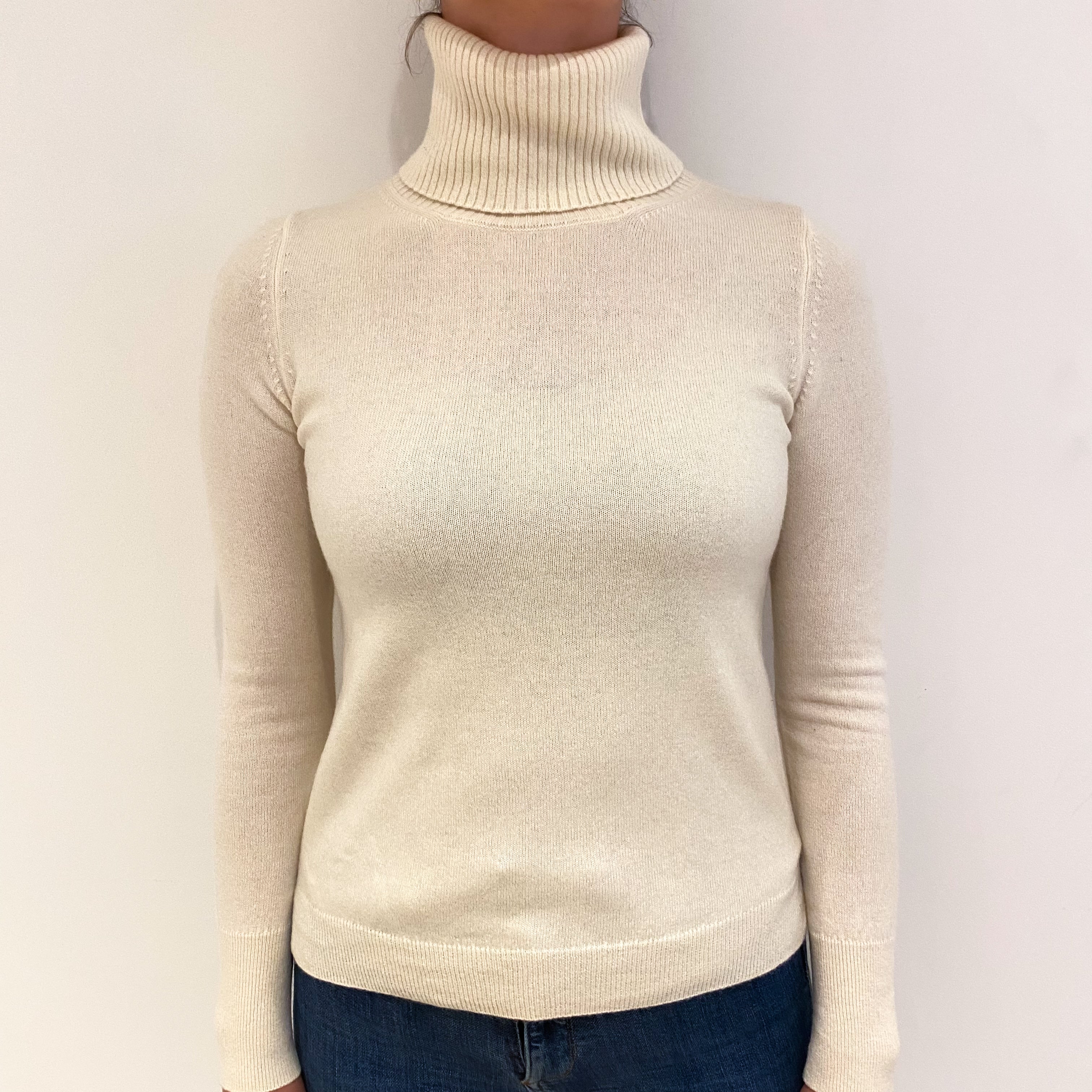 Vanilla Cream Rib Detail Cashmere Polo Neck Jumper Small