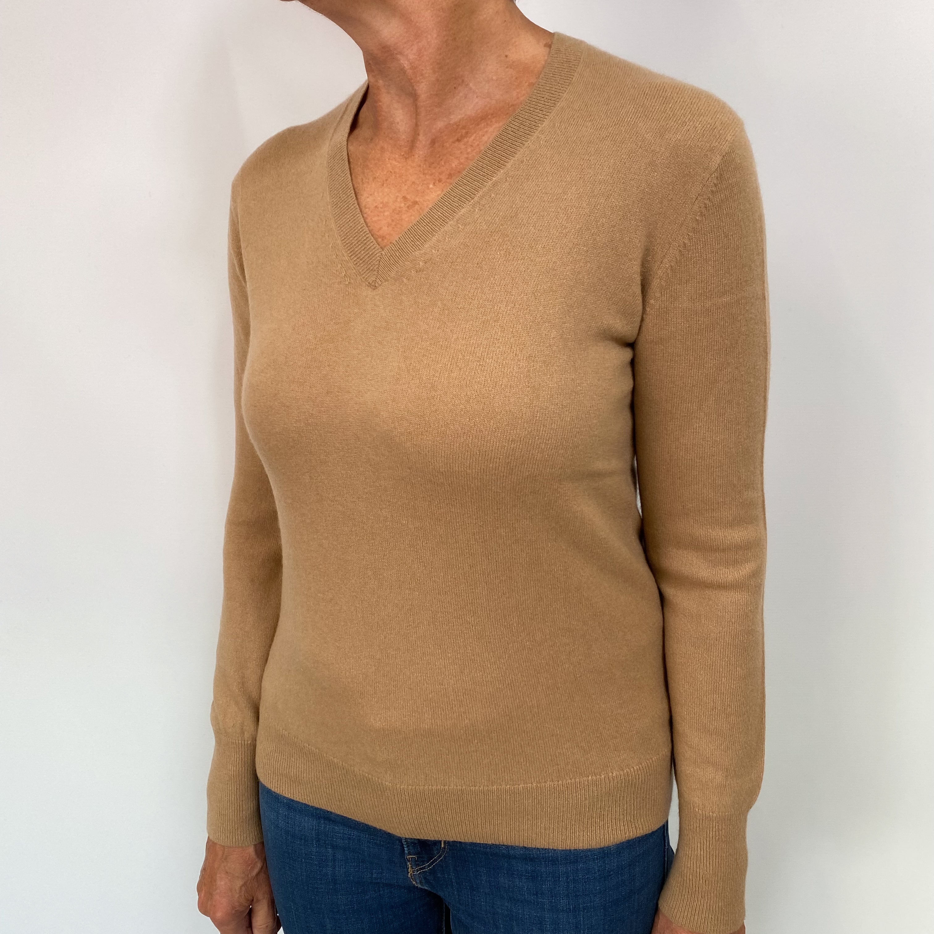 Caramel Brown Cashmere V Neck Jumper Medium