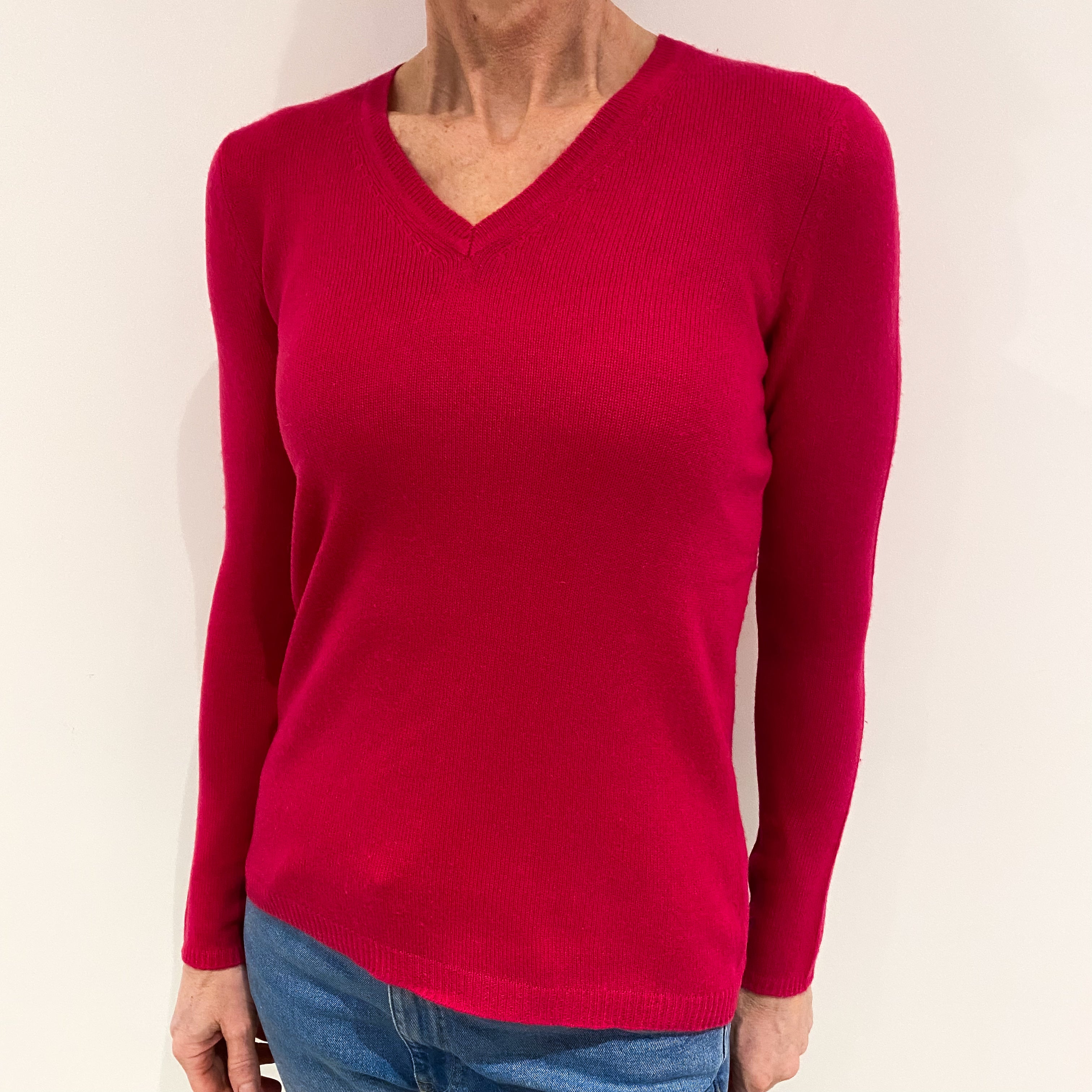 Fuchsia Pink Cashmere V Neck Jumper Small