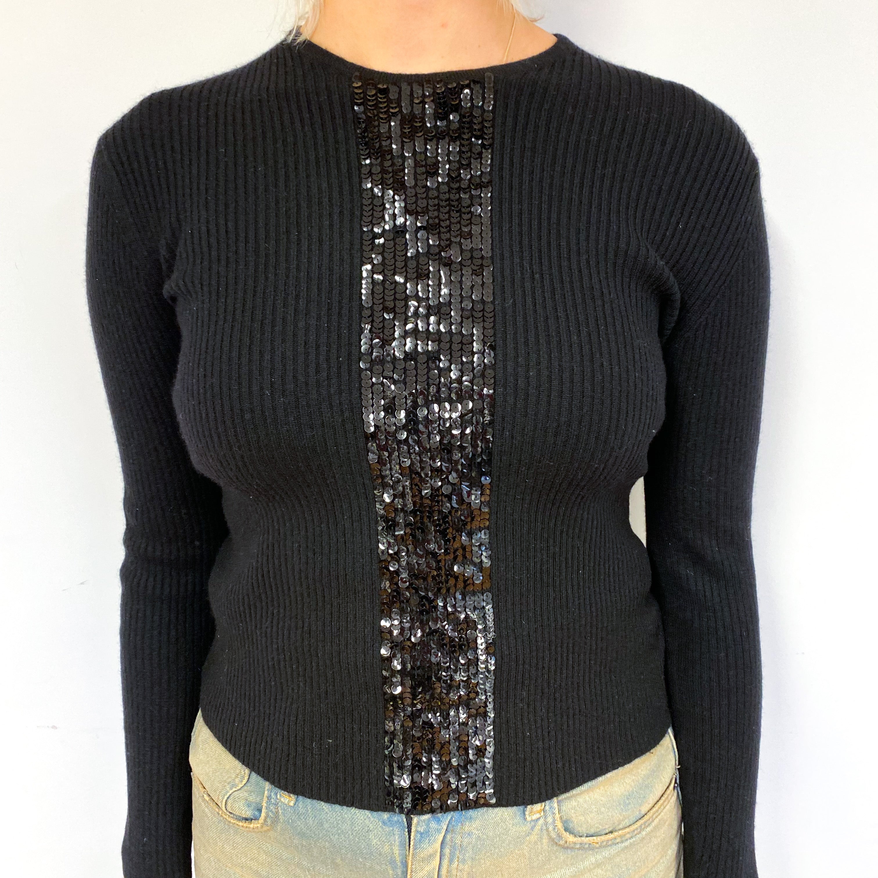 Black Sequinned Crew Neck Jumper Small