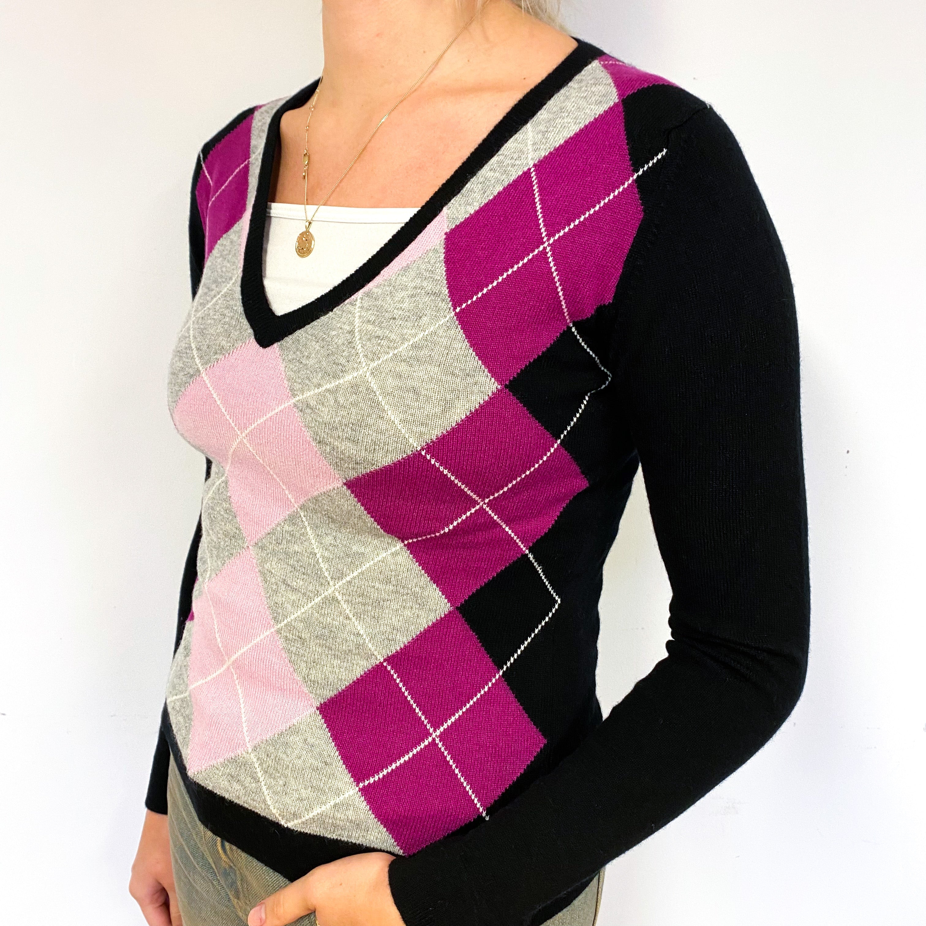 Brand New Pink/Black Diamond V Neck Jumper UK 8 Small