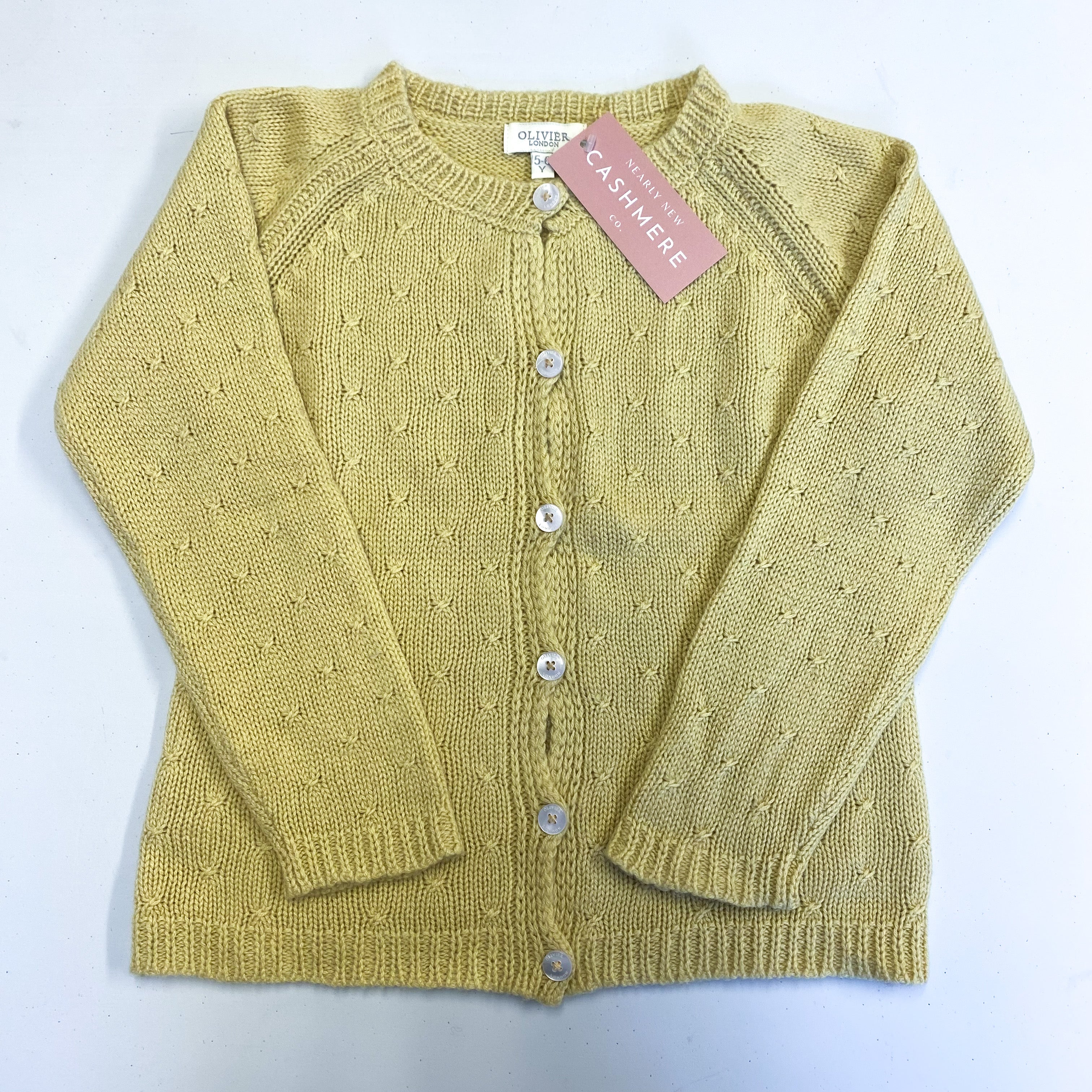 Children’s Chartreuse Yellow Cable Cashmere Crew Neck Cardigan Age 5-6