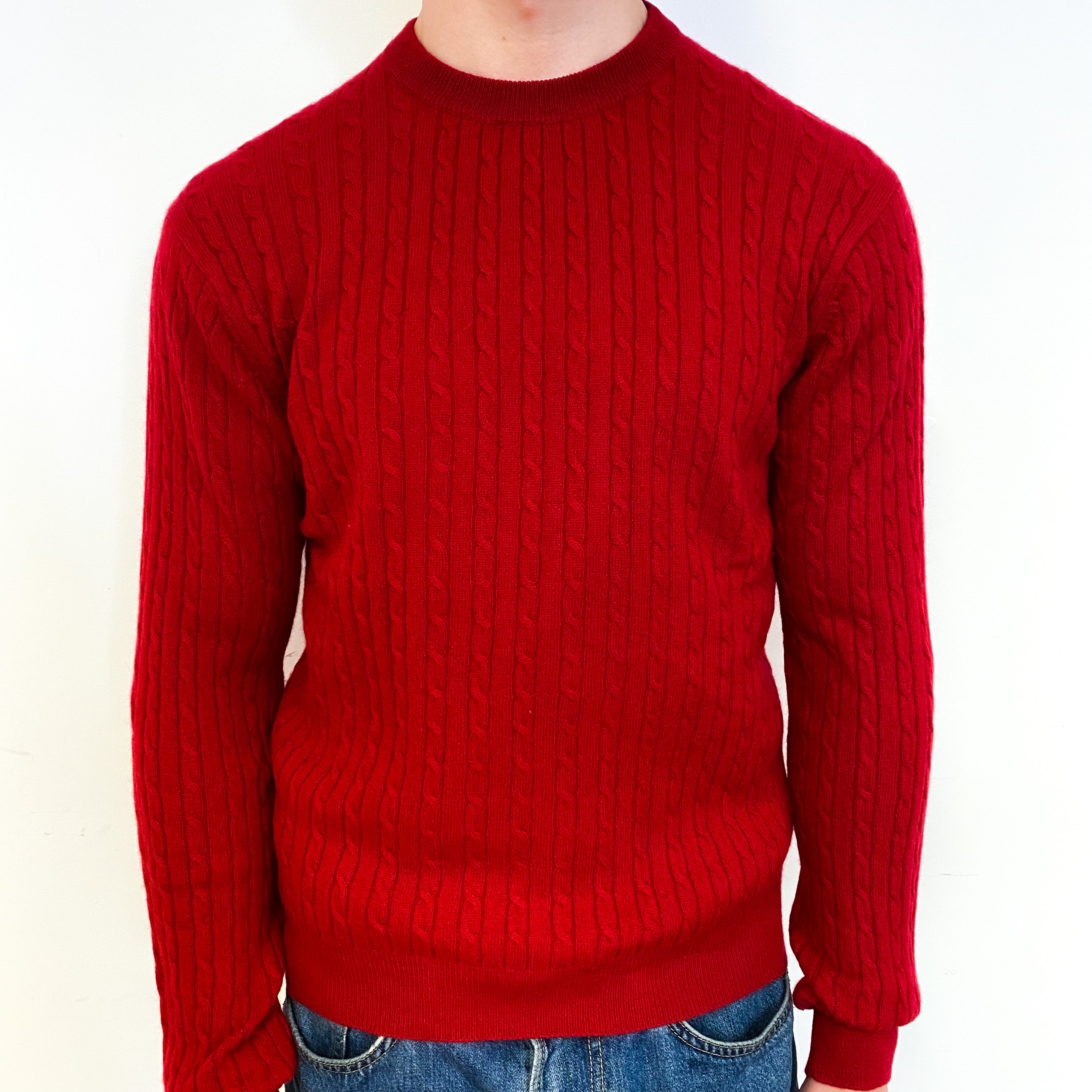 Men’s Red Cable Cashmere Crew Neck Jumper Small