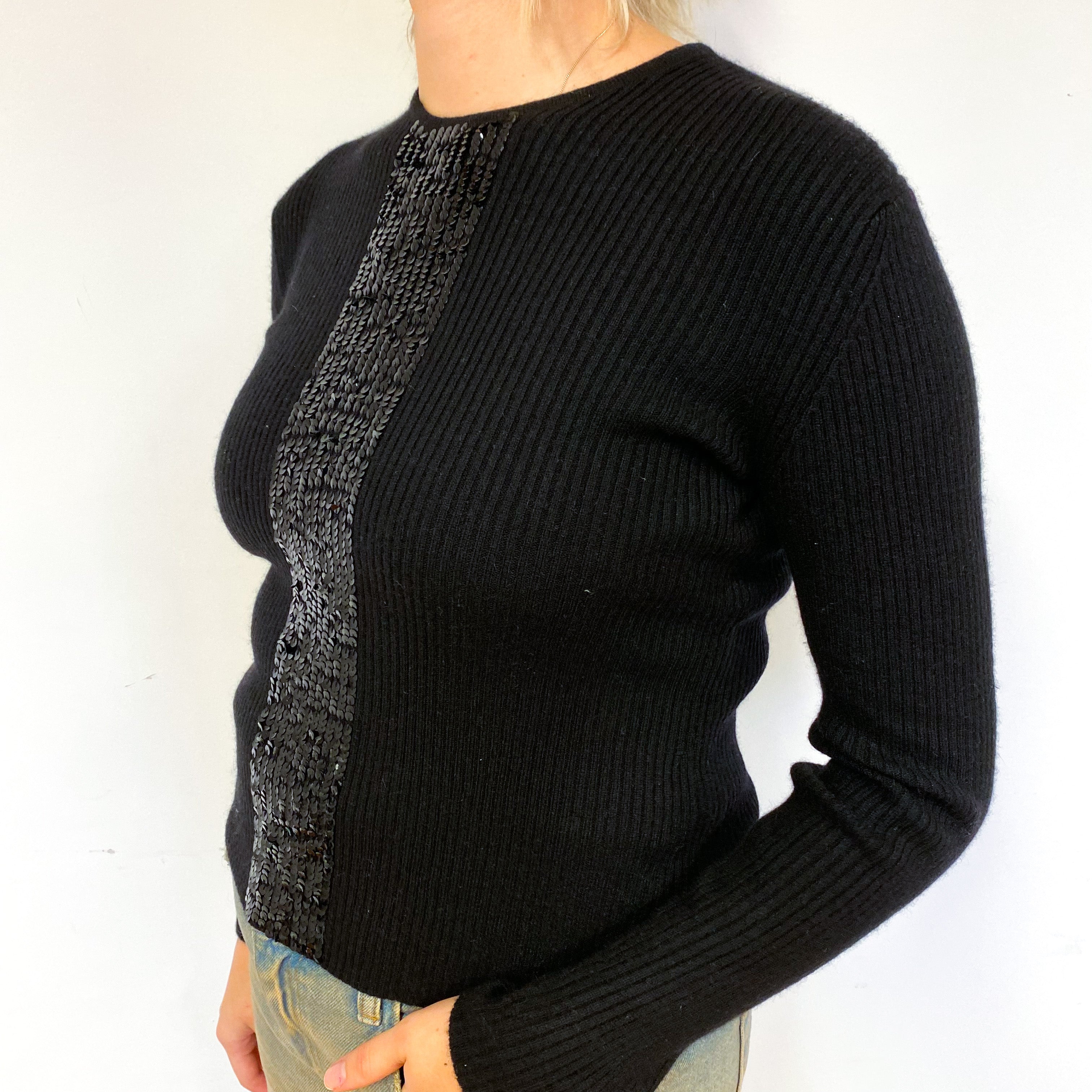 Black Sequinned Crew Neck Jumper Small