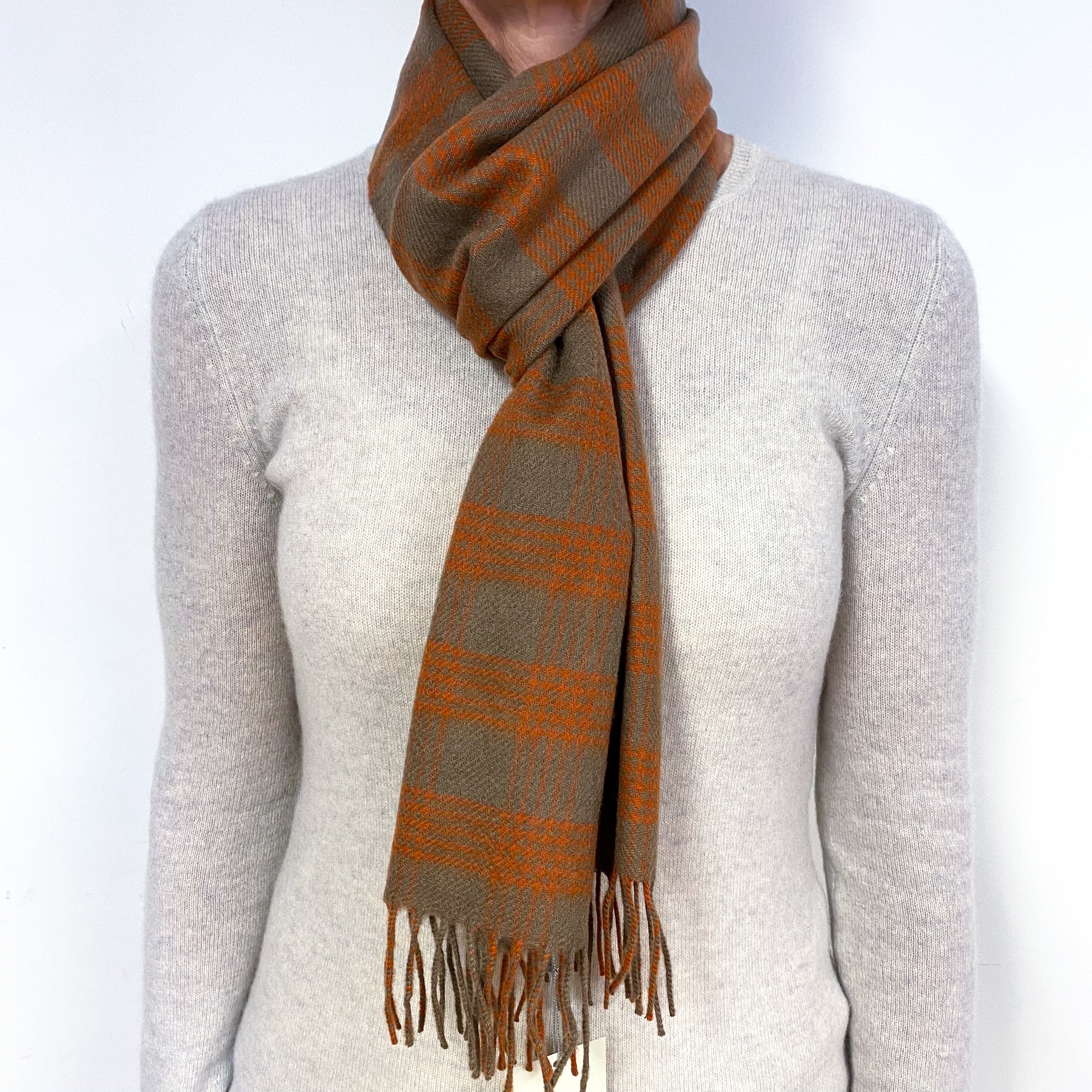 Brand New Scottish Woven Cashmere Scarf Taupe & Orange Check