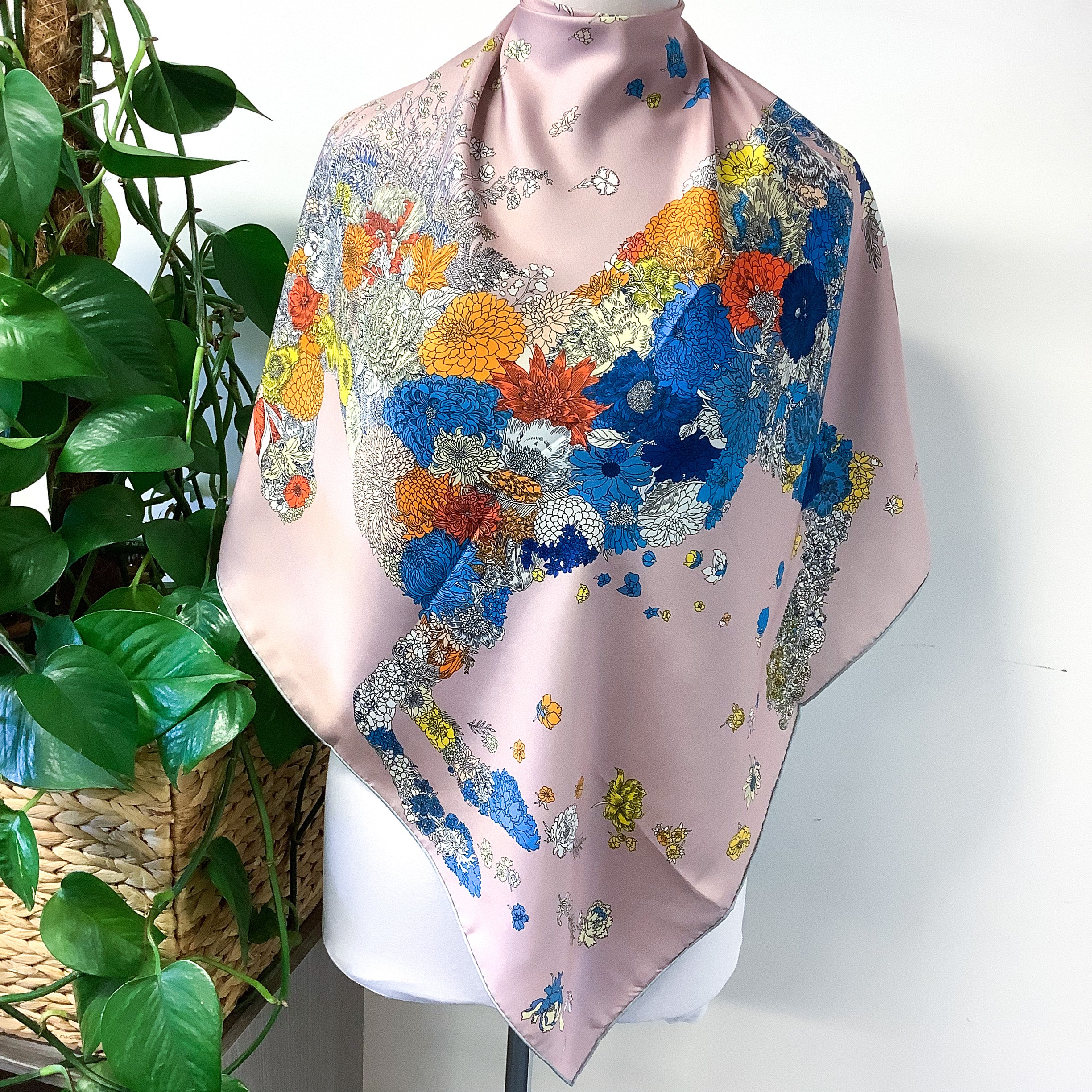 Unworn Reversible Floral Horse Silk Scarf