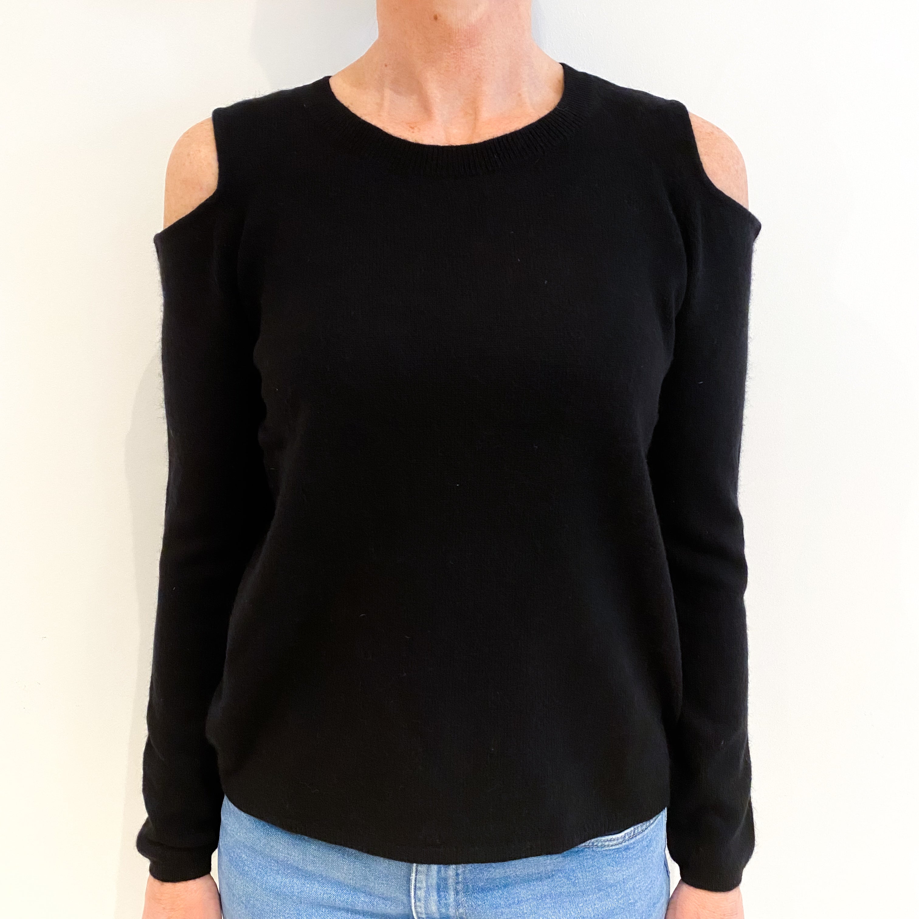 Black Open Shoulder Cashmere Crew Neck Jumper Small