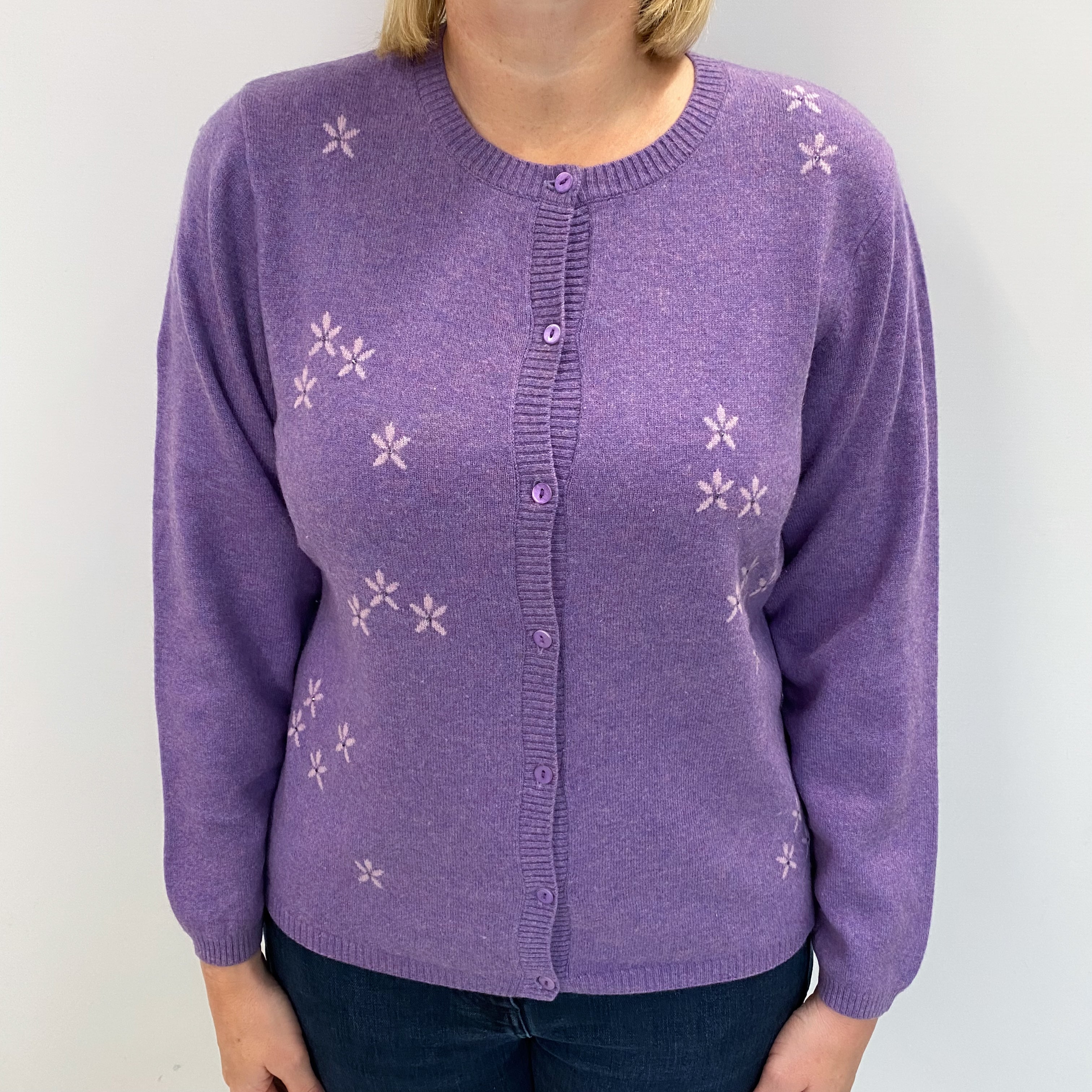 Lavender Marl Cashmere Crew Neck Cardigan Large