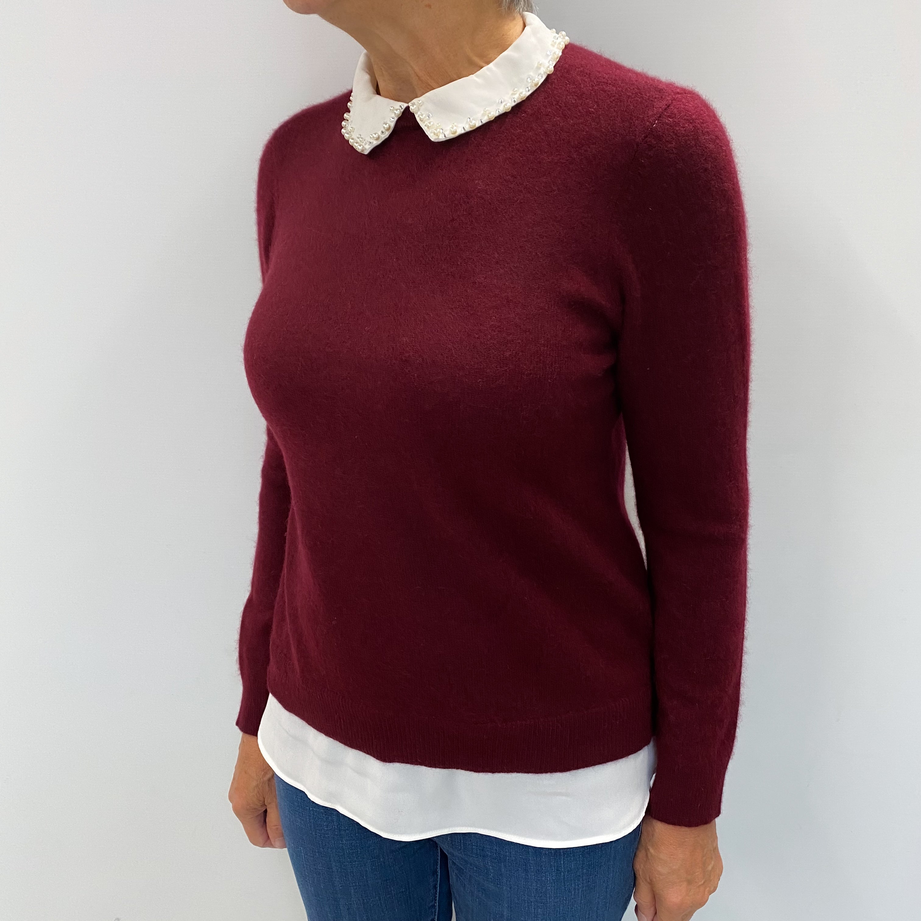 Wine Red Cashmere Collared Crew Neck Jumper Medium