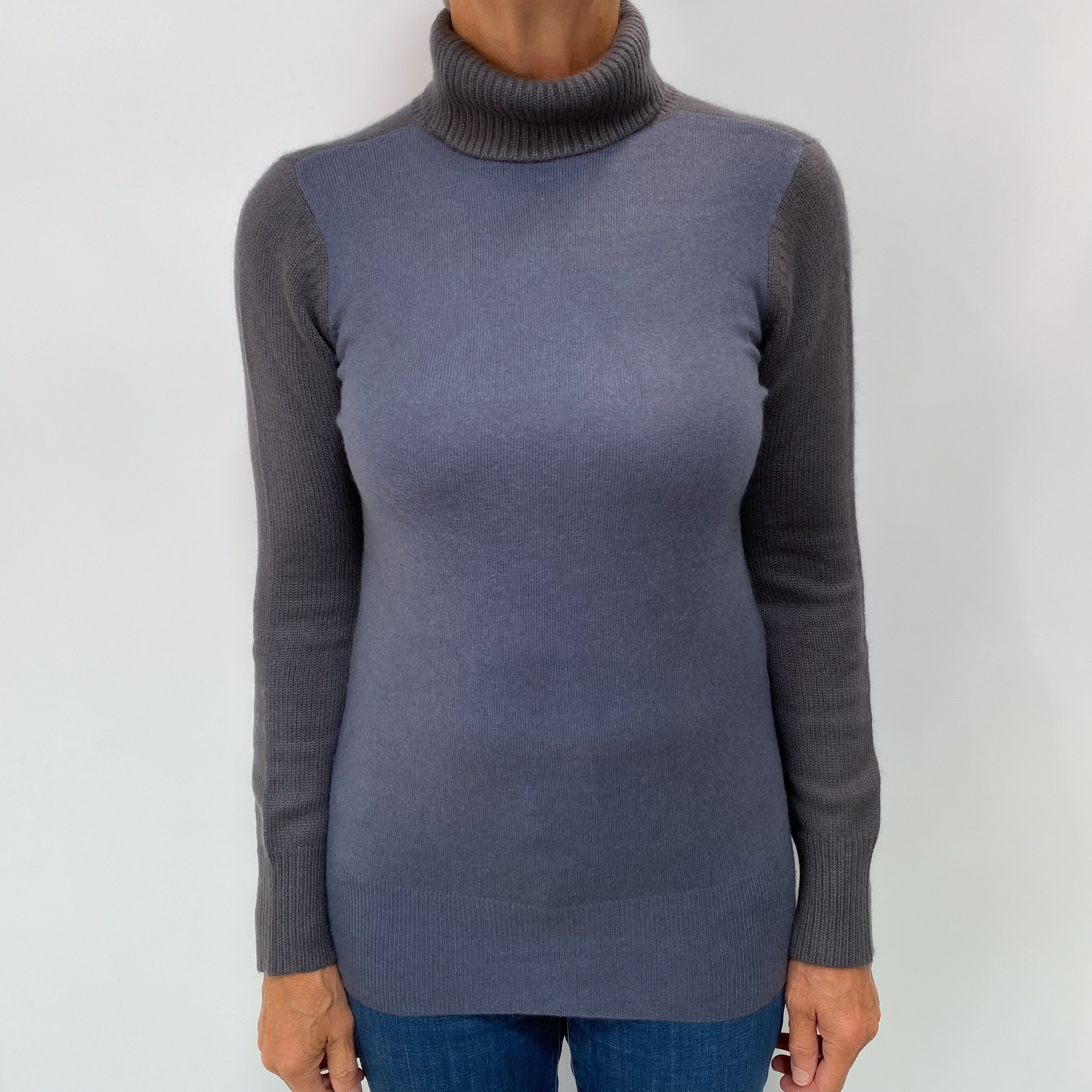 Airforce Blue and Grey Cashmere Polo Neck Jumper Medium