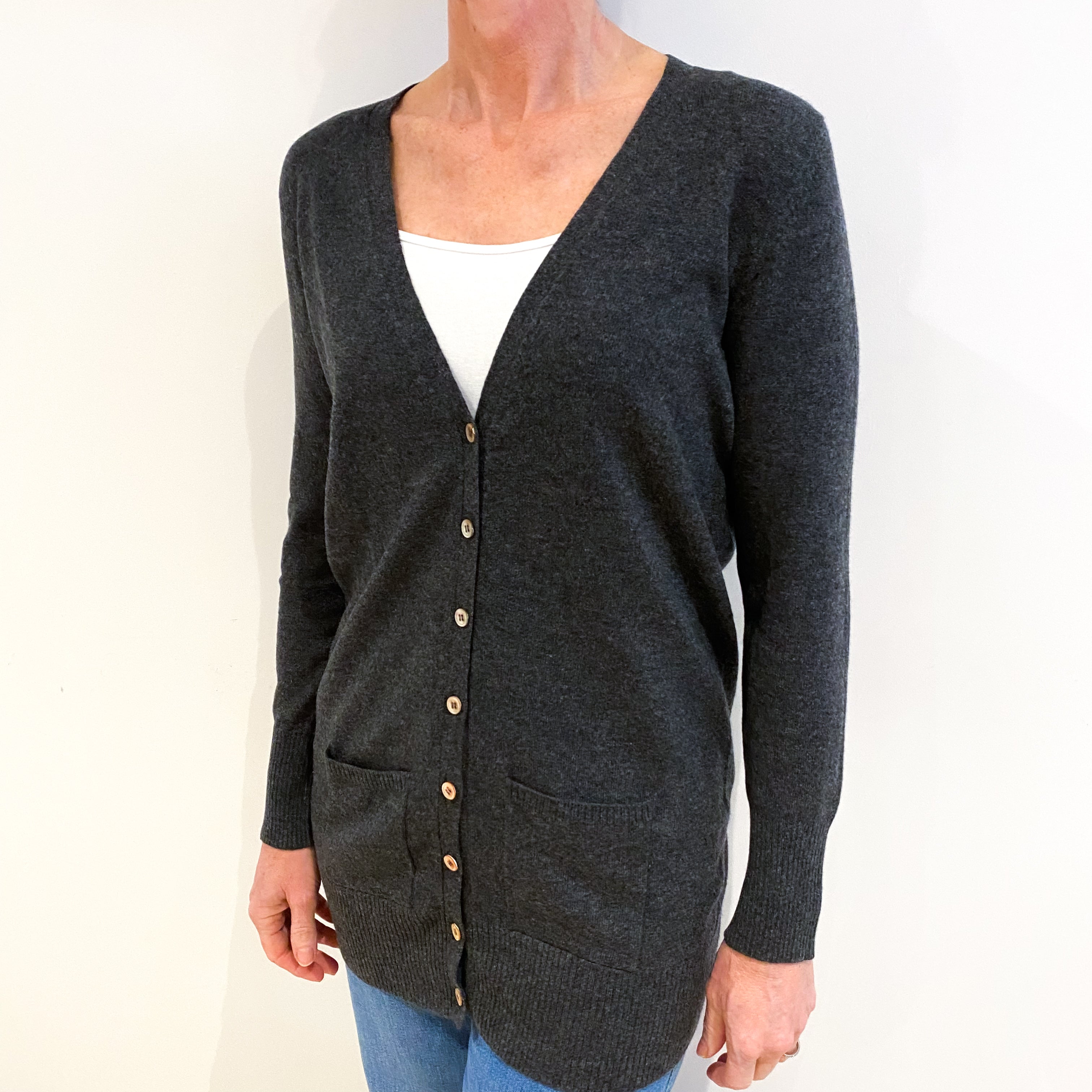 Charcoal Grey Cashmere V Neck Cardigan Small