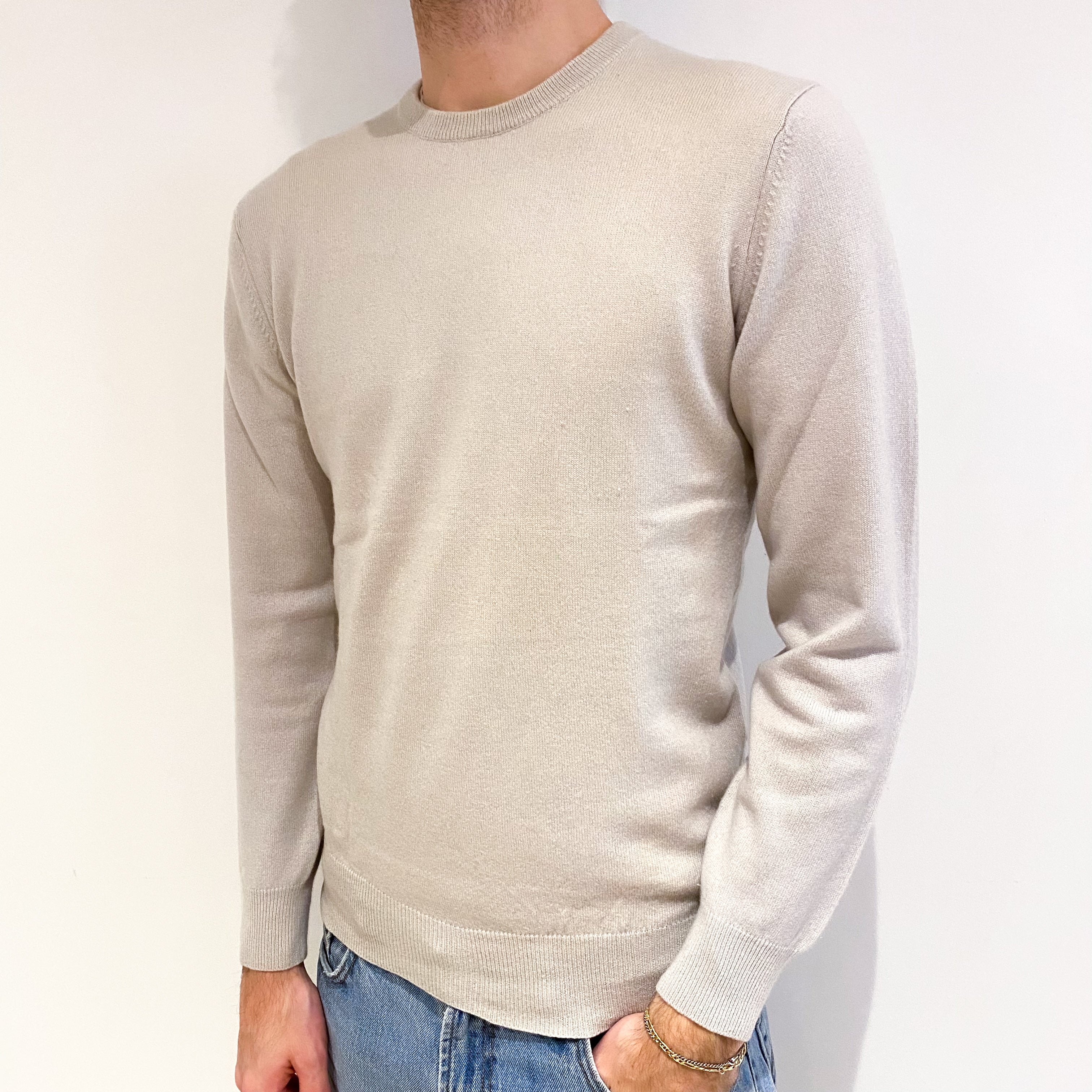 Men's Alabaster Beige Cashmere Crew Neck Jumper Medium