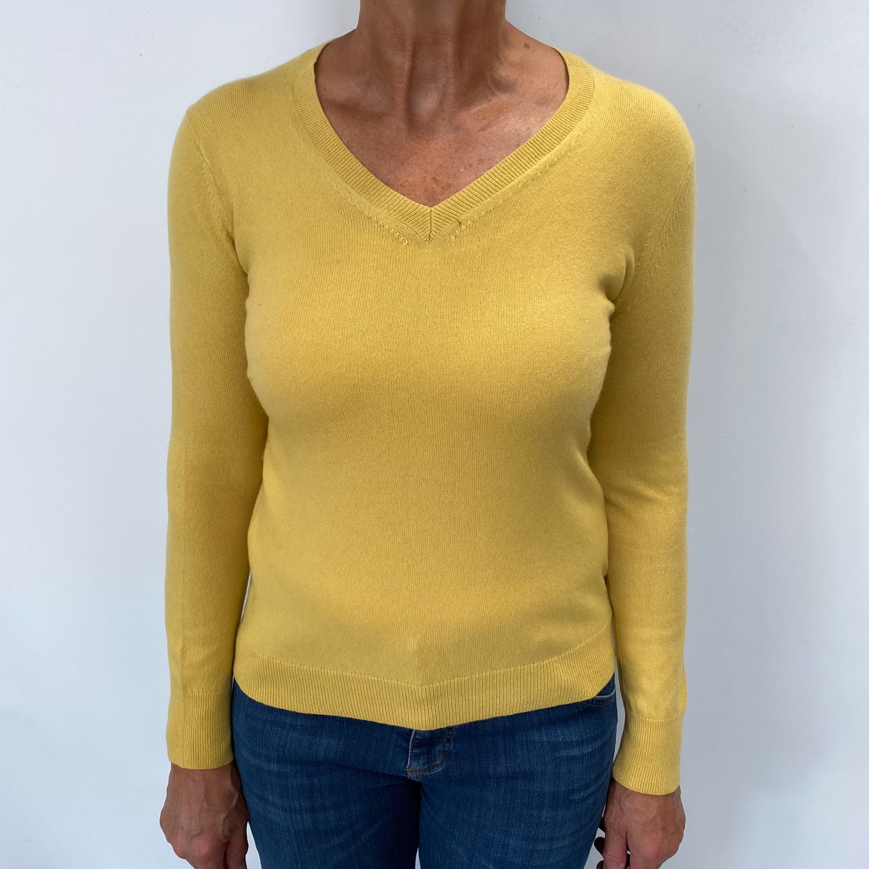 Mustard Yellow Cashmere V Neck Jumper Medium