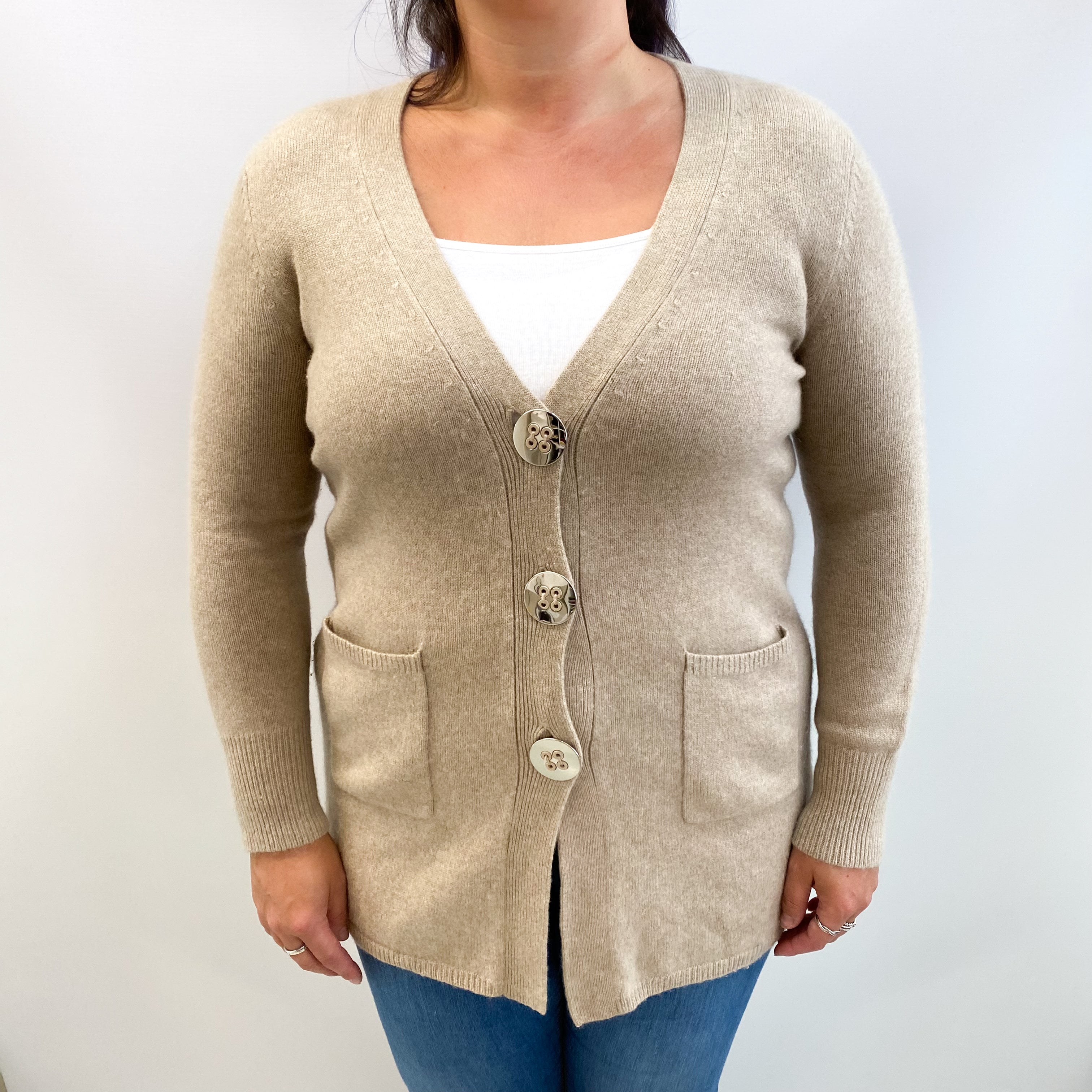 Fawn Beige Cashmere V Neck Cardigan Large