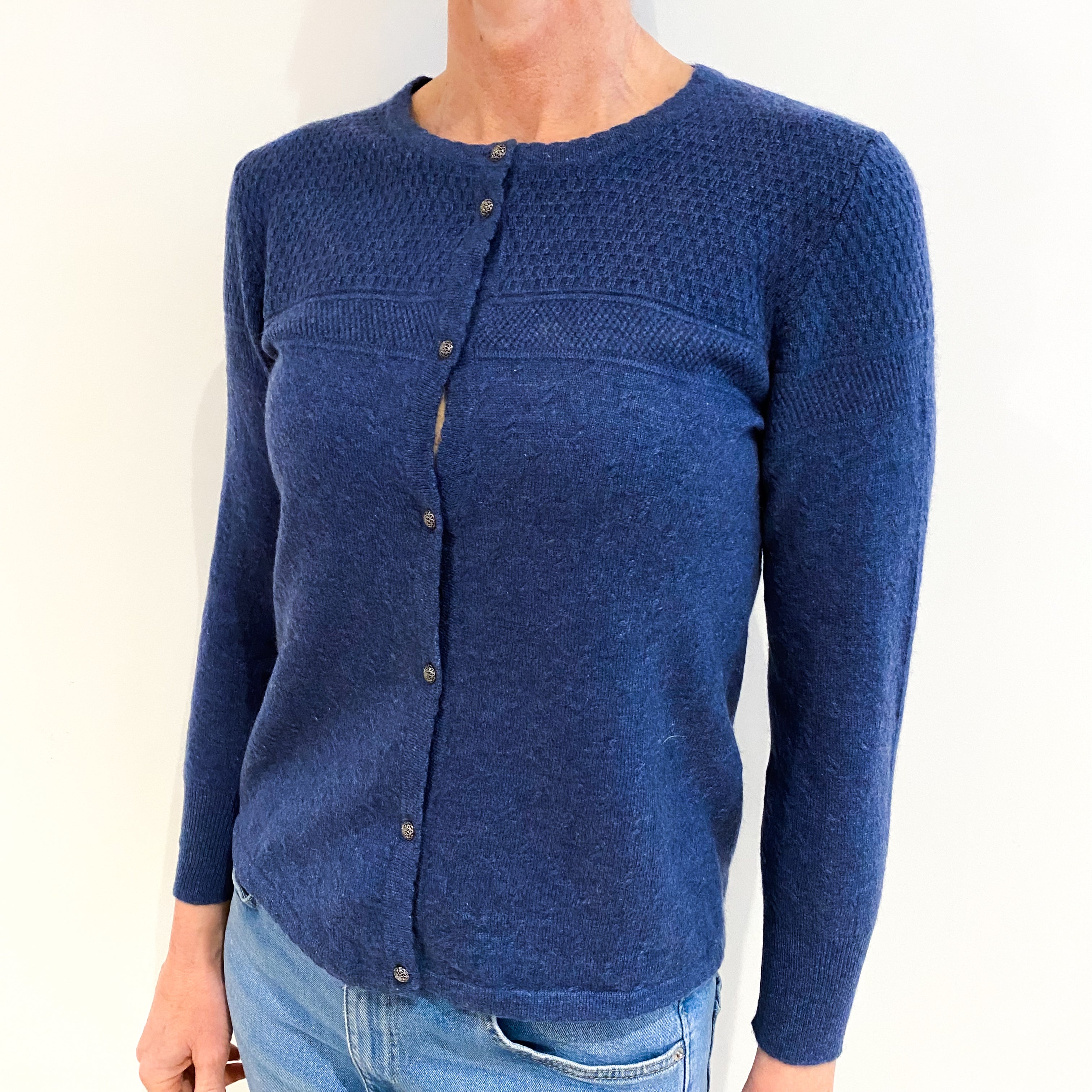 Dark Denim Blue Cashmere Crew Neck Cardigan Small