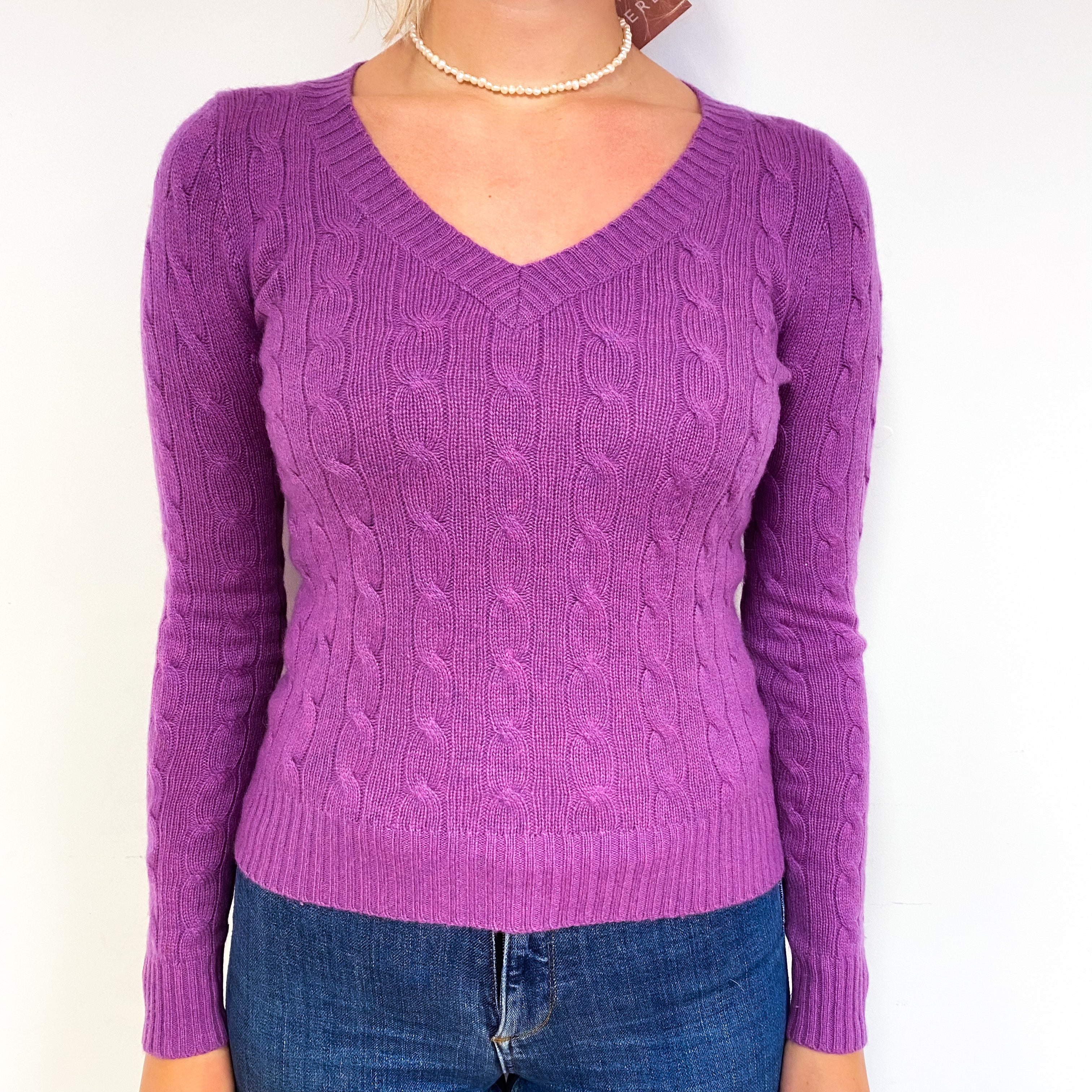 Viola Purple Cable Cashmere V-Neck Jumper Small