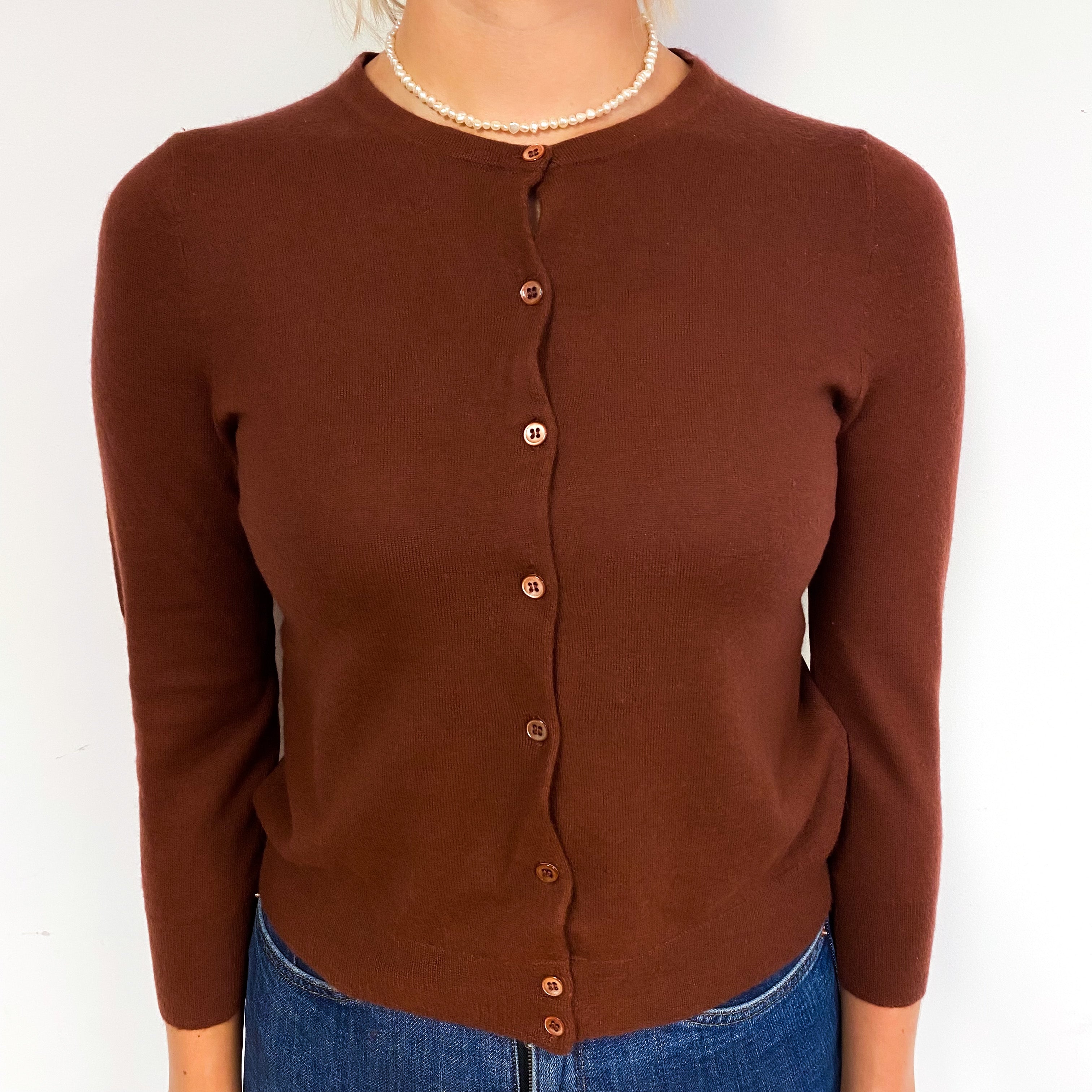 Maroon Brown Fine Knit Cashmere Crew Neck Cardigan Small