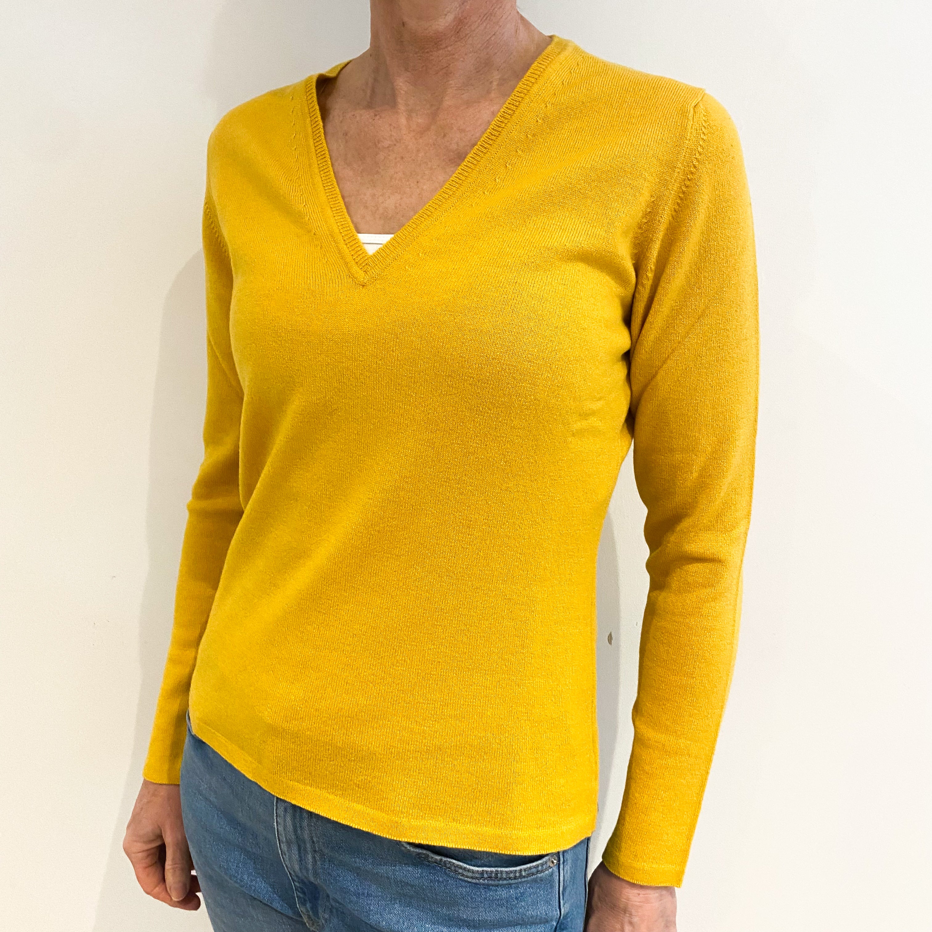 Brand New Scottish Sunflower Yellow Cashmere V Neck Jumper Small