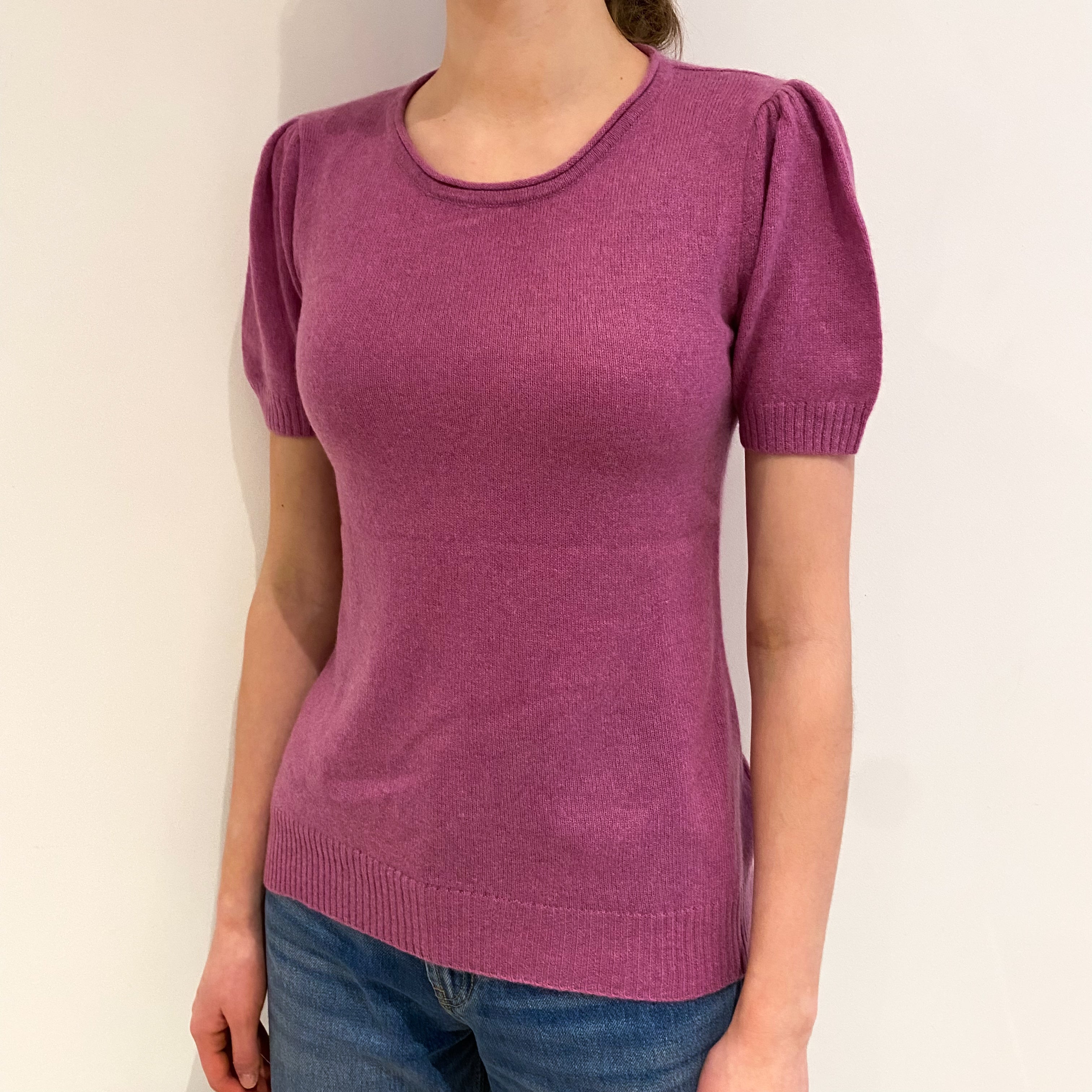 Heather Purple Cashmere Short Sleeved Crew Neck Jumper Extra Small