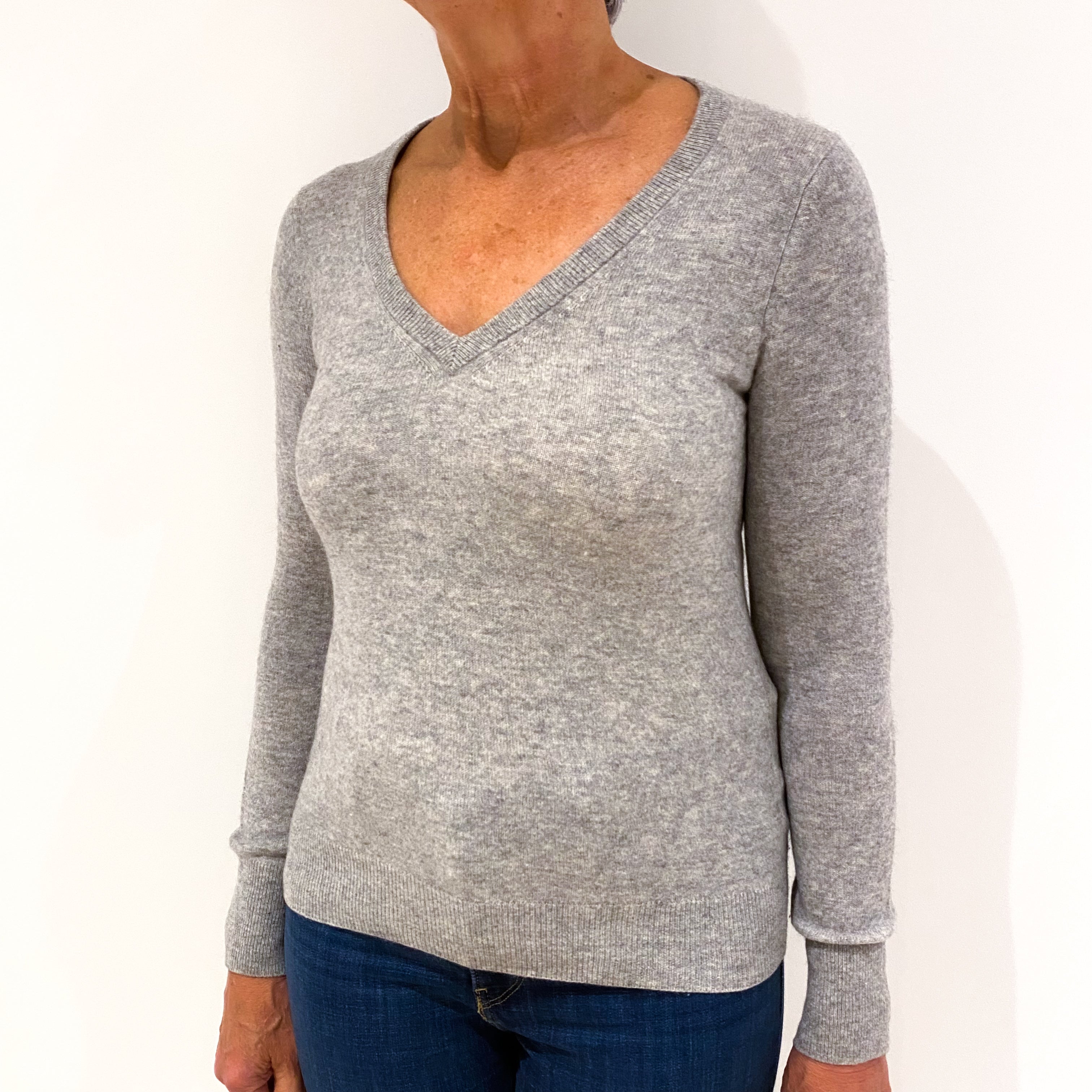 Smoke Grey Cashmere V-Neck Jumper Medium