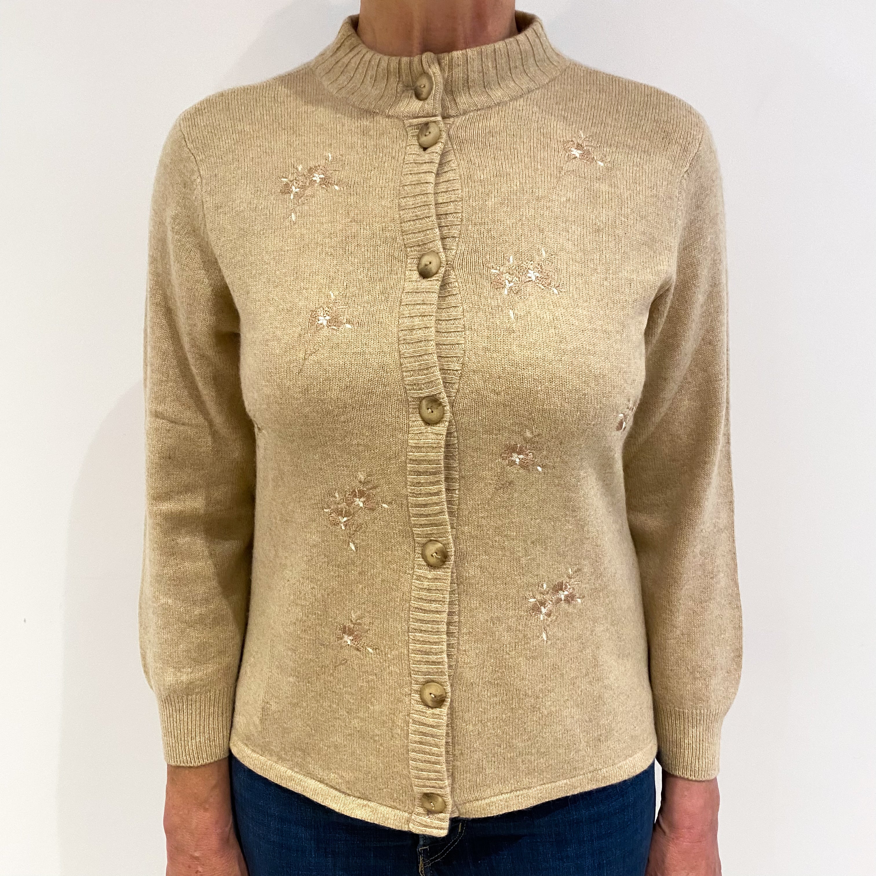 Honey Beige Embroidered Cashmere Turtle Cardigan Medium