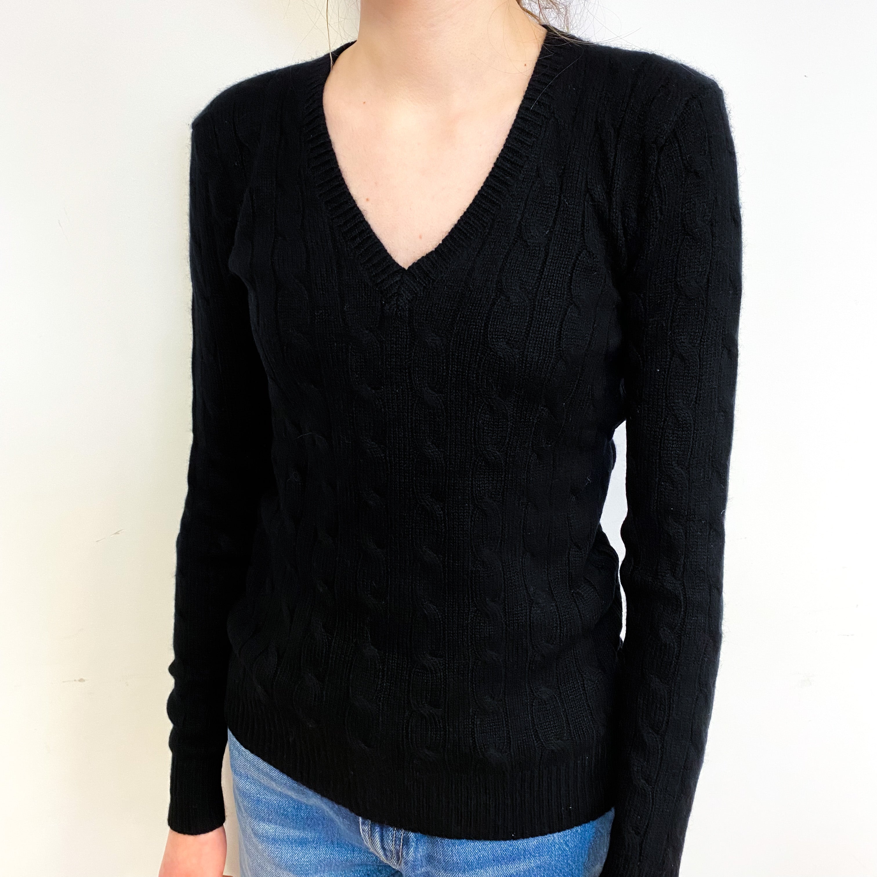 Ralph Lauren Black Cable Cashmere V-Neck Jumper Extra Small