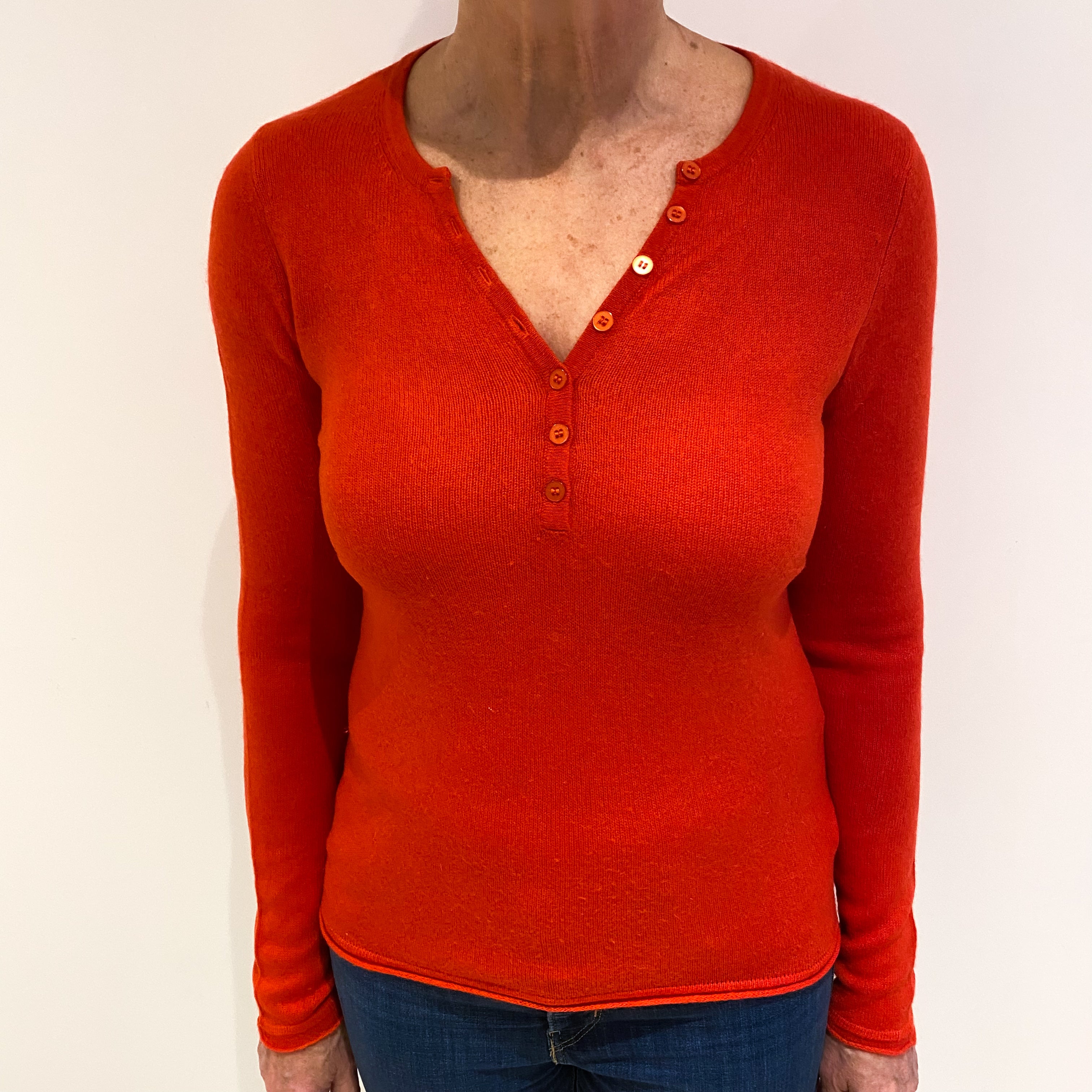 Vermilion Red Cashmere Buttoned V Neck Jumper Medium