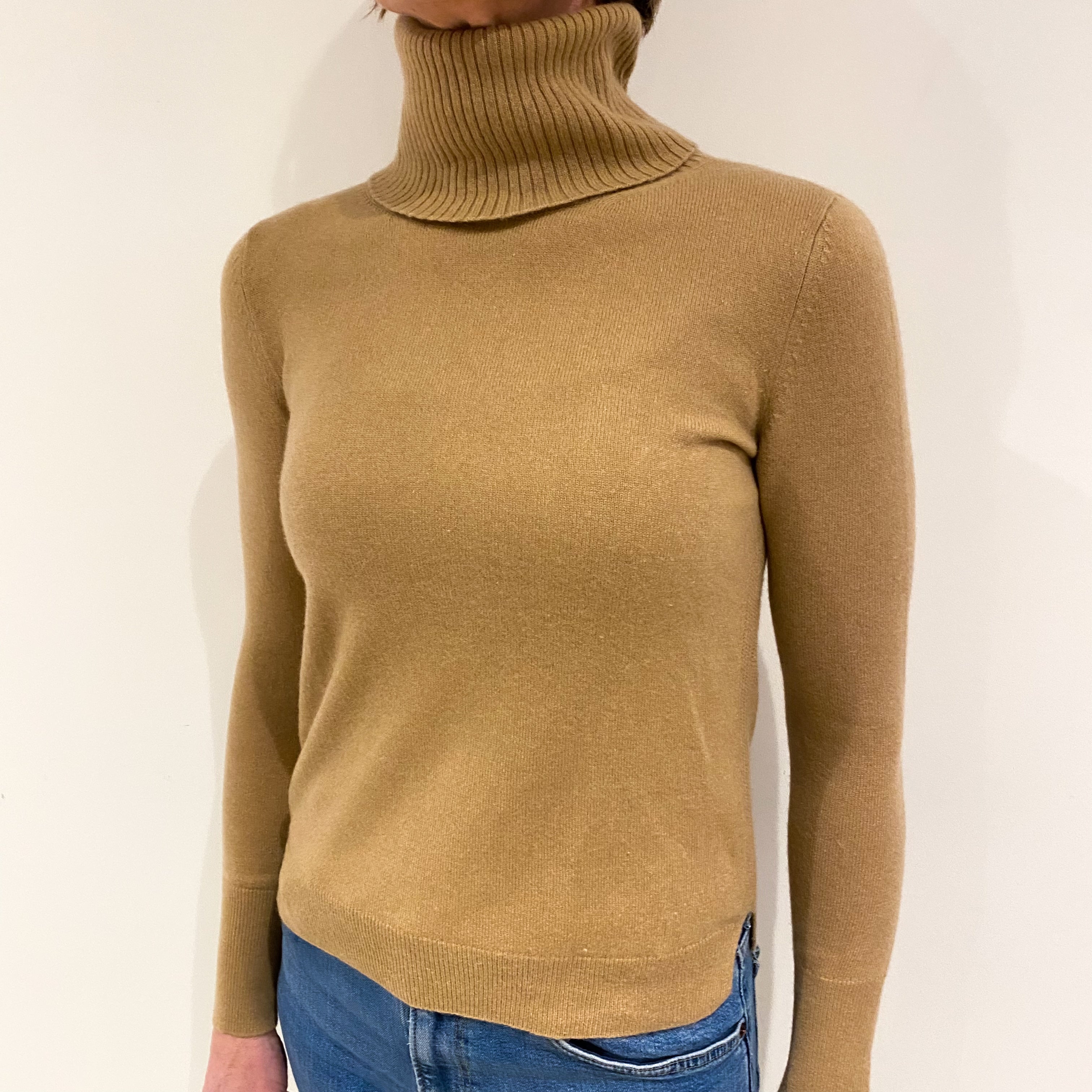 Camel Brown Cashmere Polo Neck Jumper Small