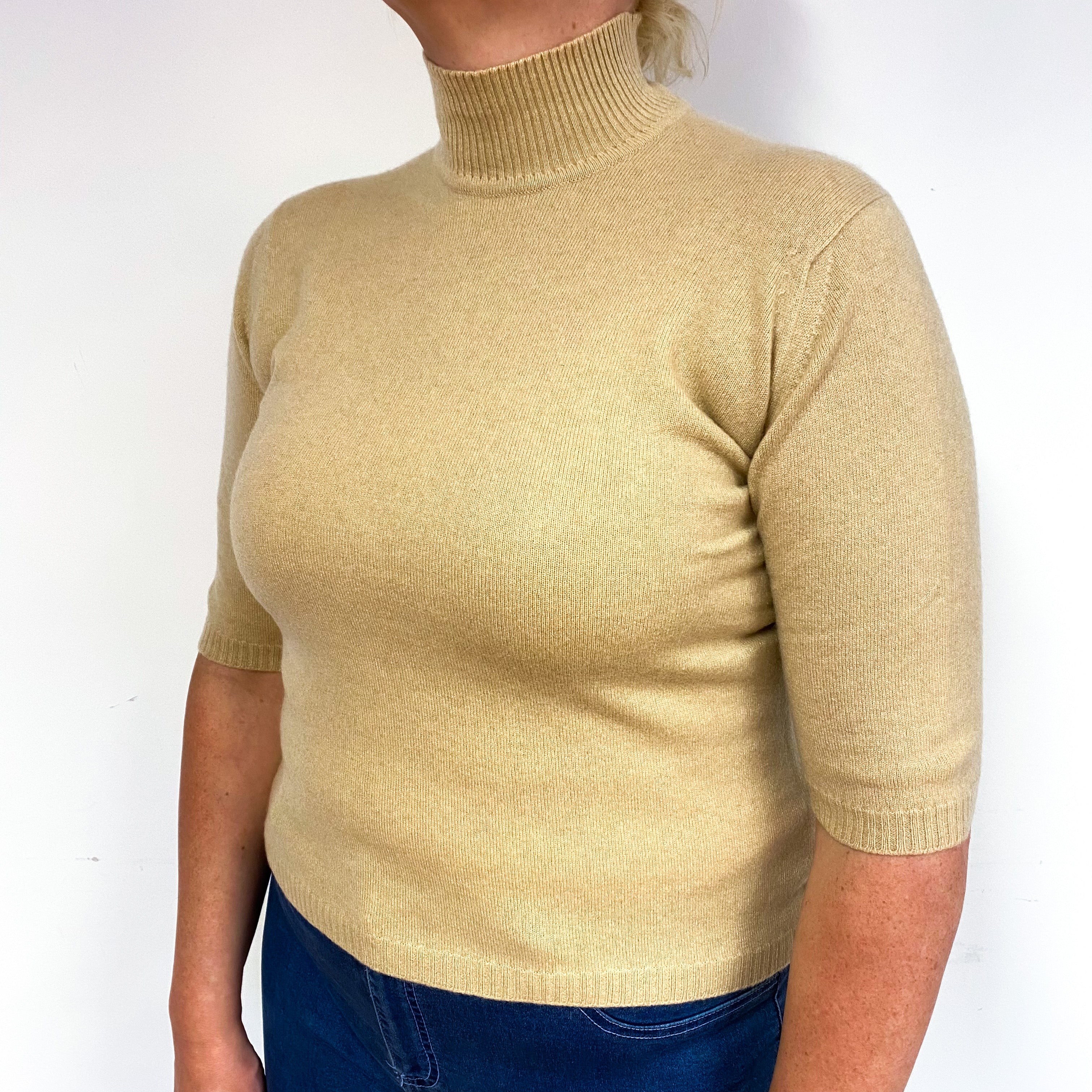 Warm Beige Short Sleeve Cashmere Turtle Neck Jumper Large