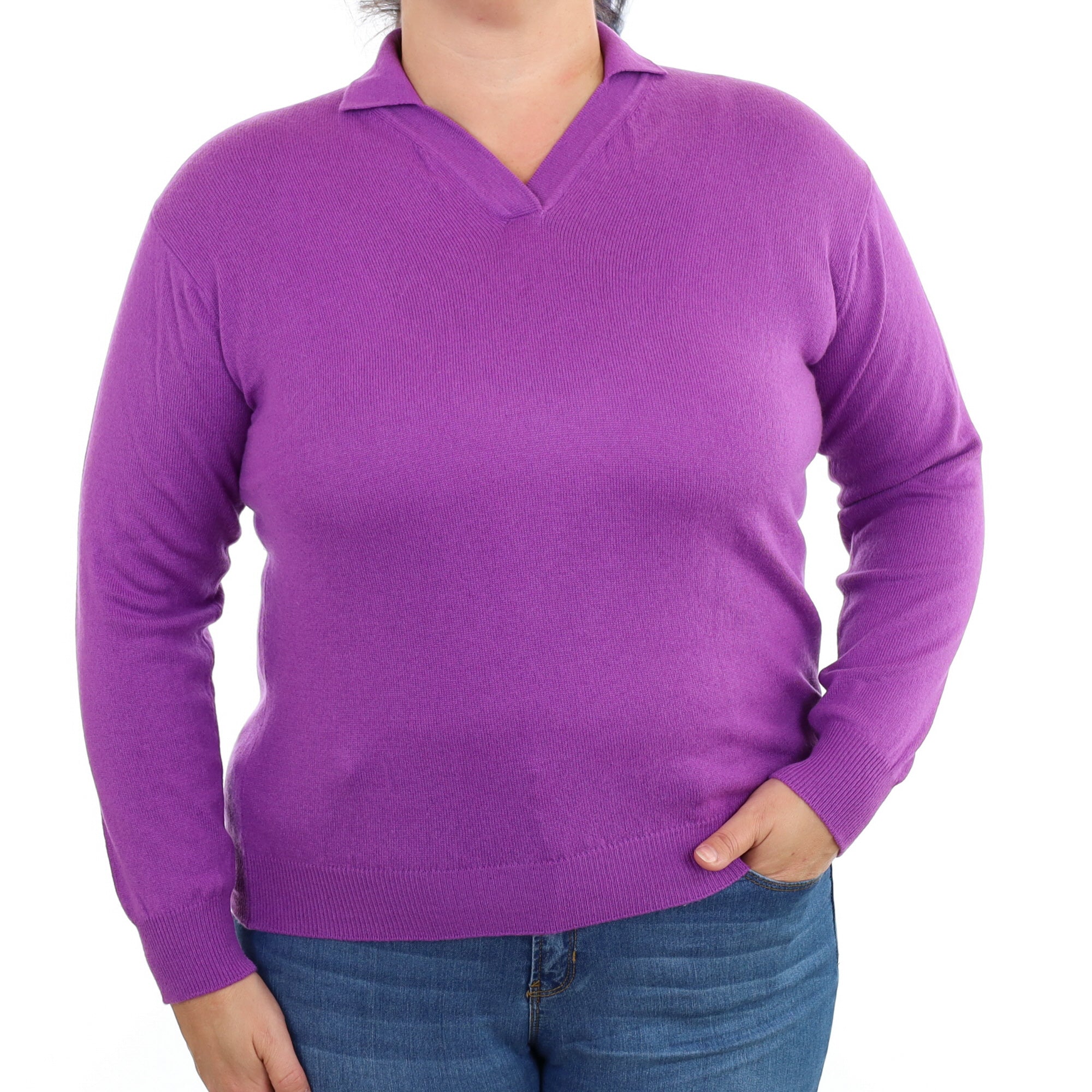 Violet Purple Cashmere Collared V Neck Jumper Large