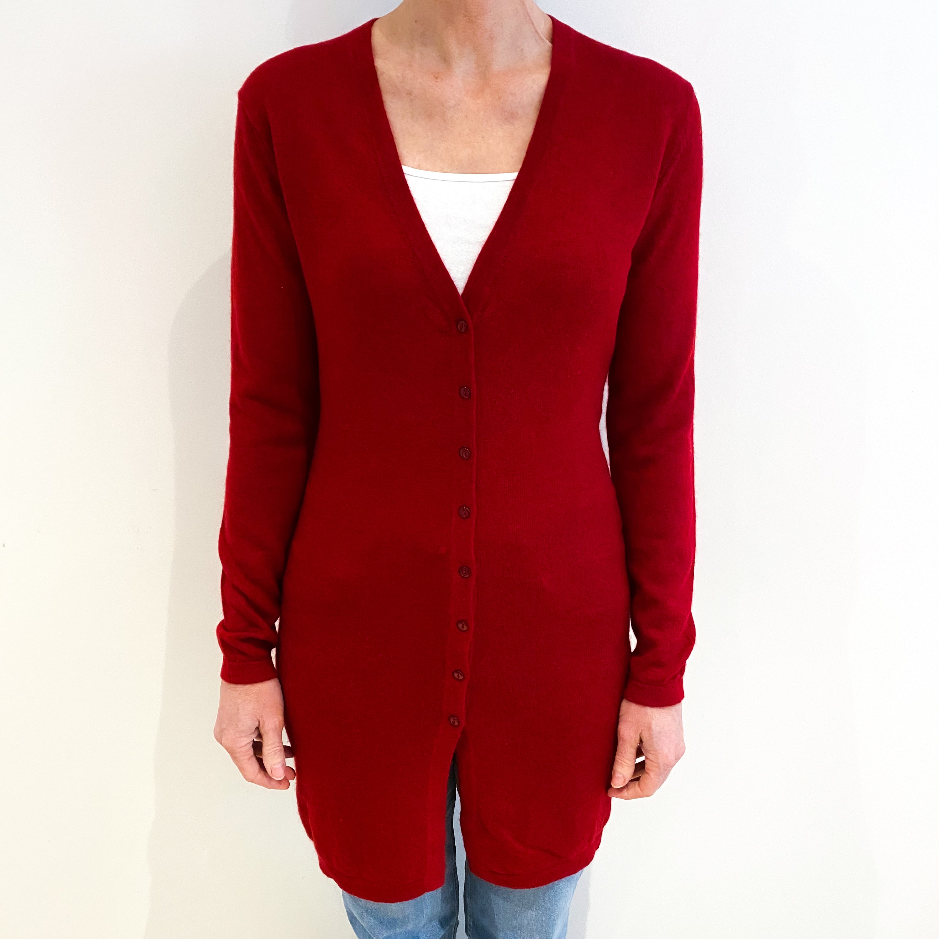 Crimson Red Cashmere V Neck Longline Cardigan Small