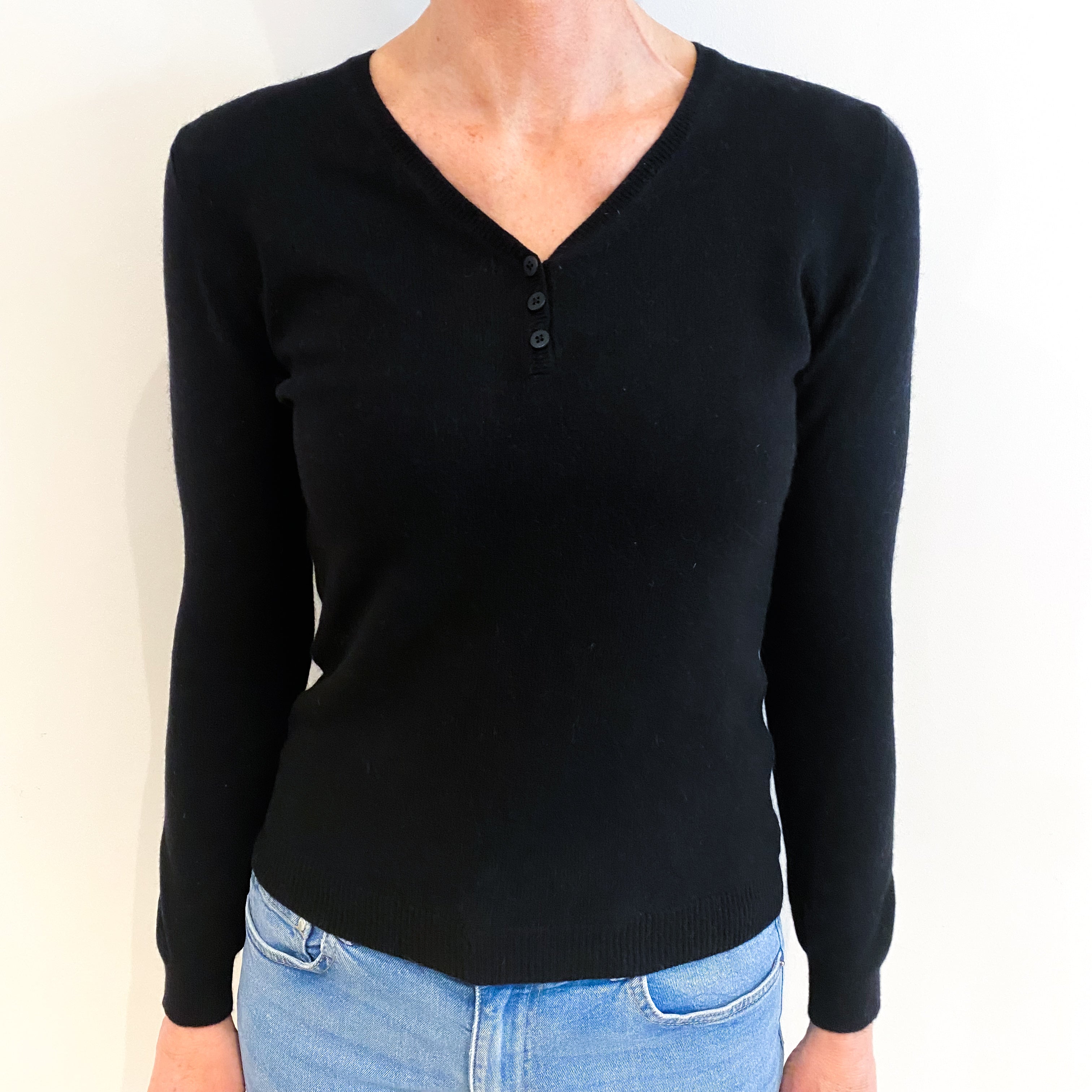 Black Cashmere Buttoned V Neck Jumper Small